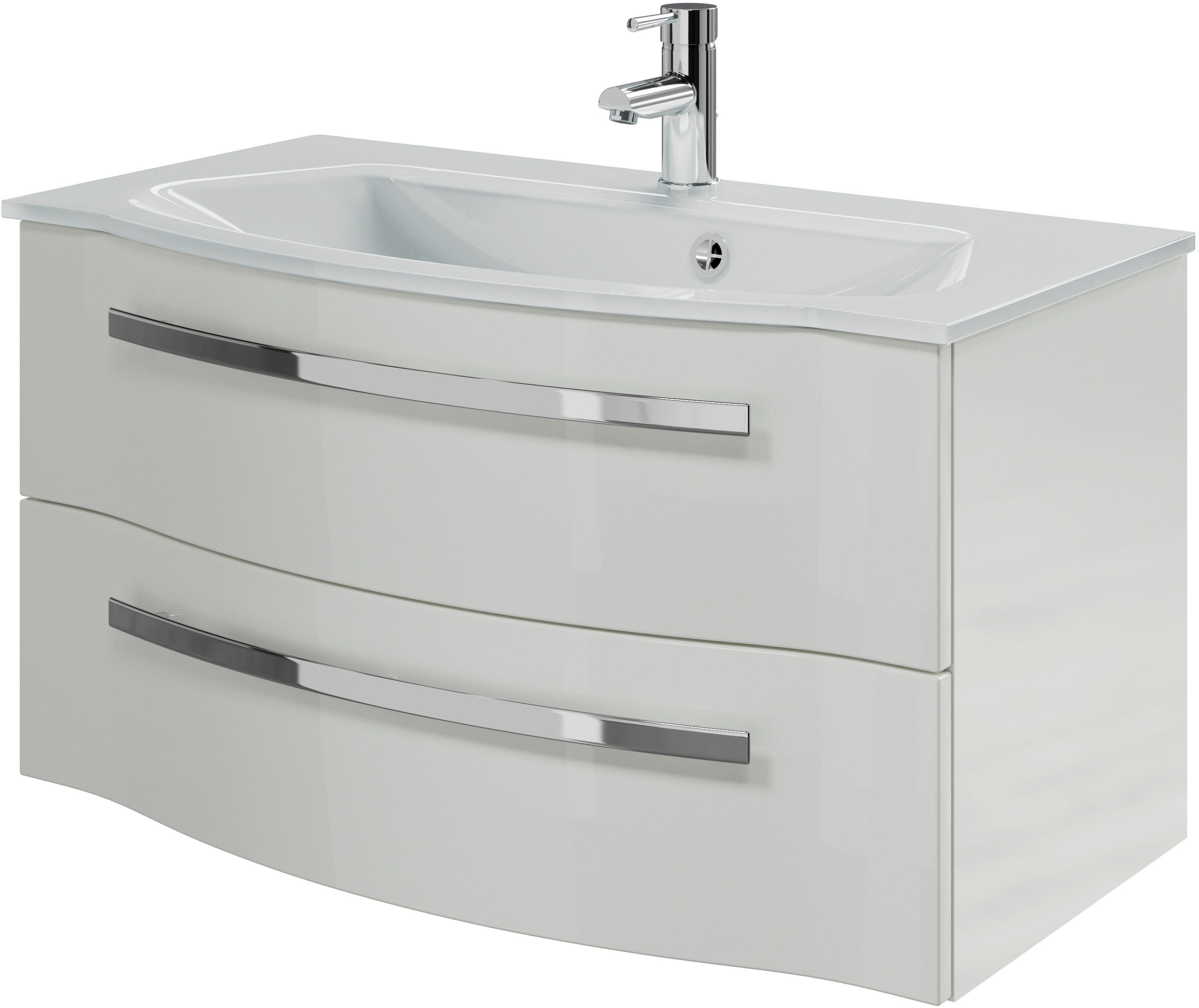 Saphir Badmöbel-Set Serie 4005, vormontiert, Glaswaschbecken, Spiegelschrank, (Set, 6-St), Badezimmer-Set mit Unterschrank, Hängeschrank, Midischrank, Türdämpfer