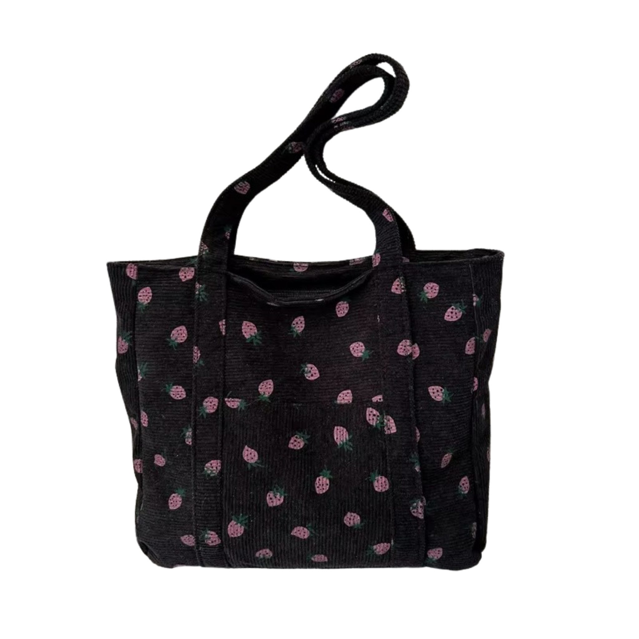 NEXORA Umhängetasche Cord Schultertasche Damen mit Erdbeer-Print Shopper mit Reißverschluss, Schultertasche, Cordtasche, Shopper, Reißverschluss