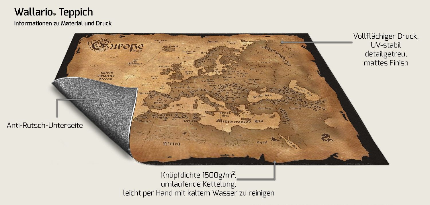 Wallario Teppich Alte Weltkarte Karte von Europa in englisch, rechteckig, rutschfest