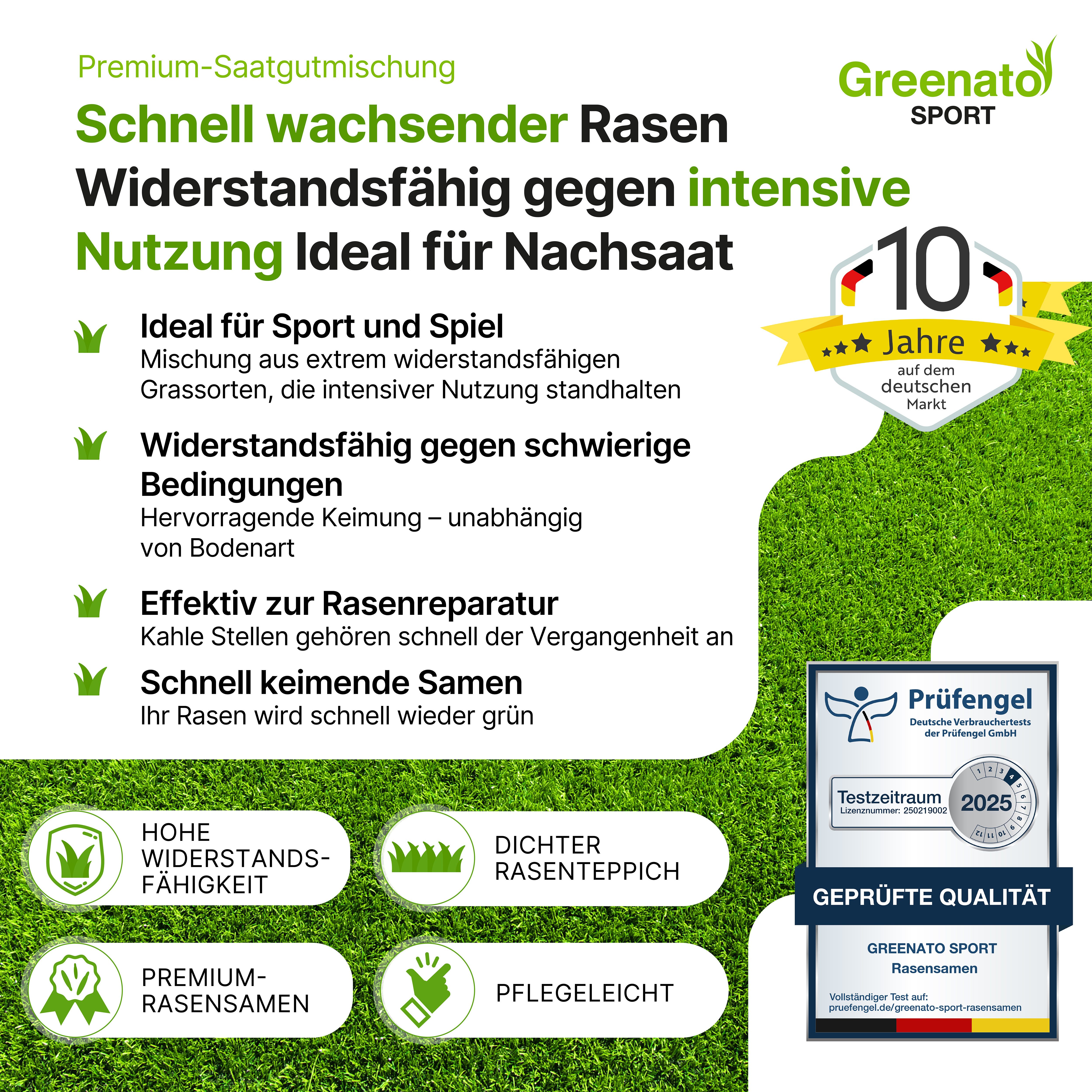 Greenato Rasensamen Sport und Spielrasen - Grassamen schnellkeimend, 1 kg, ideal für Neuansaat und Rasennachsaat - extra robuster Rasen
