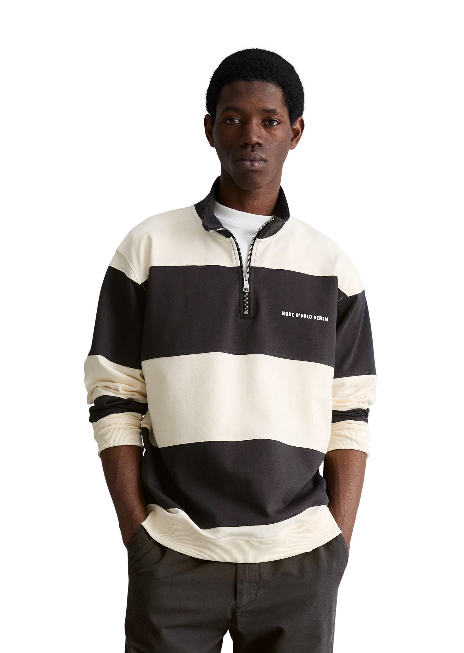 Marc O'Polo DENIM Sweatshirt Troyer relaxed mit Cut-&-Sew-Blockstreifen