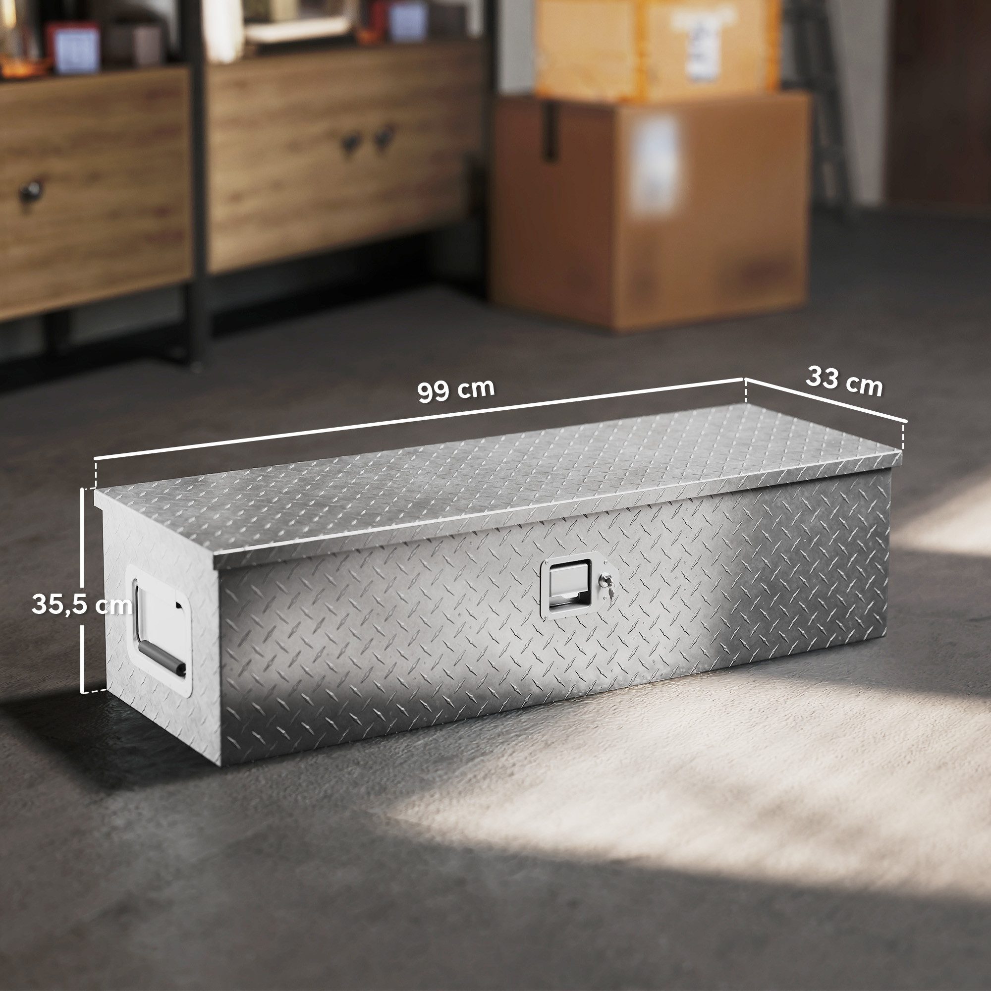 HOMCOM Werkzeugbox Aufbewahrungskiste aus Aluminium mit Seitengriffen (LKW-Werkzeugkasten, 1 St., Lagerungsbox)