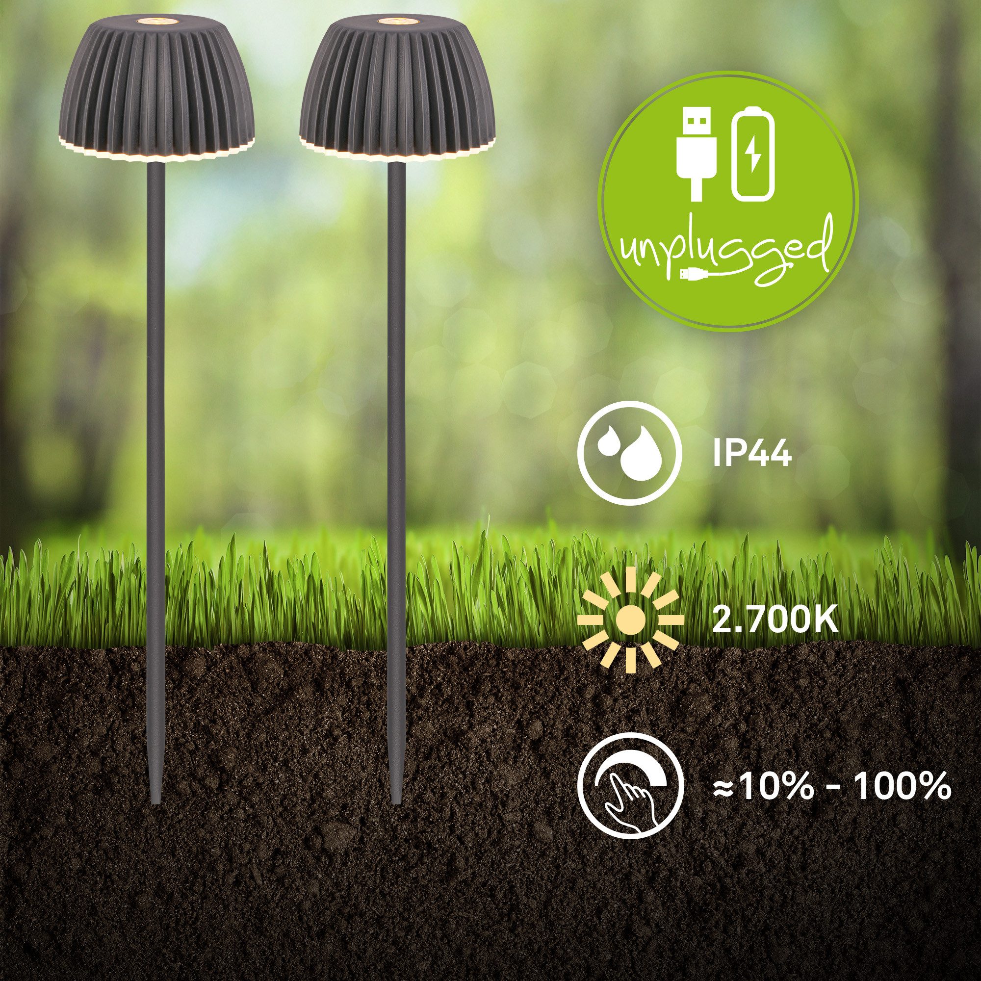 Briloner Leuchten LED Gartenleuchte Gartenlampe Erdspieß kabellos Akku dimmbar, Doppelpack, LED wechselbar, warmweiß, Einzelstück/2er-Set, Akku tauschbar, Outdoor, Balkon, Terrasse