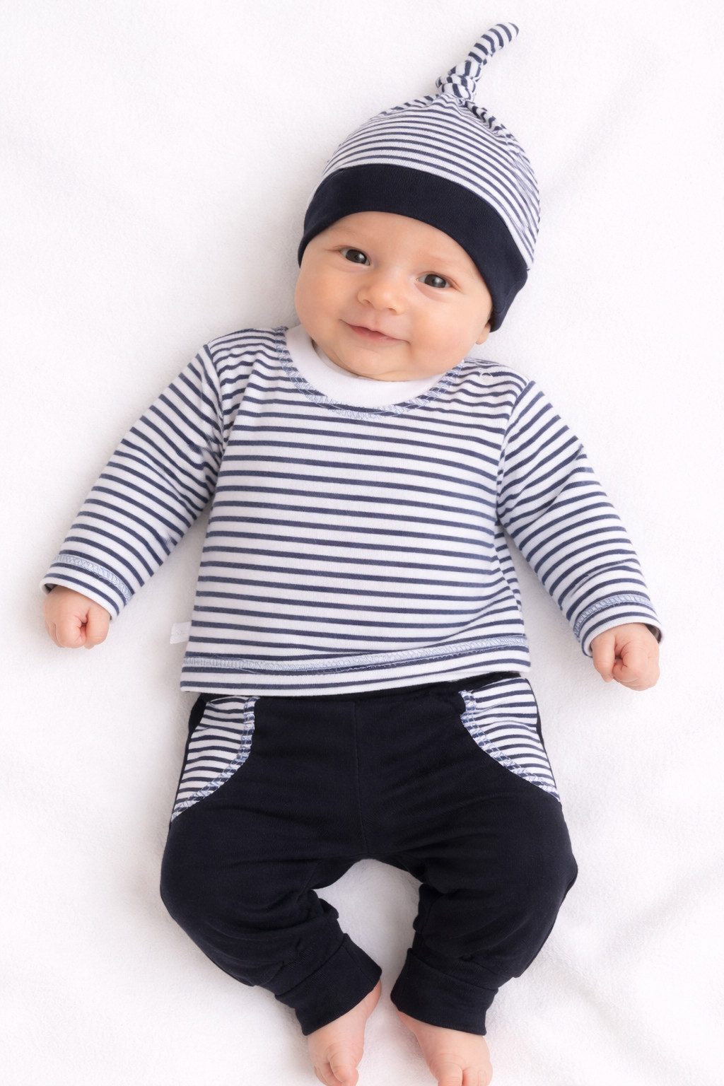 Langarmshirt & Hose Baby Anzug Erstlingset Shirt Mitwachshose Mütze in Blau gestreift