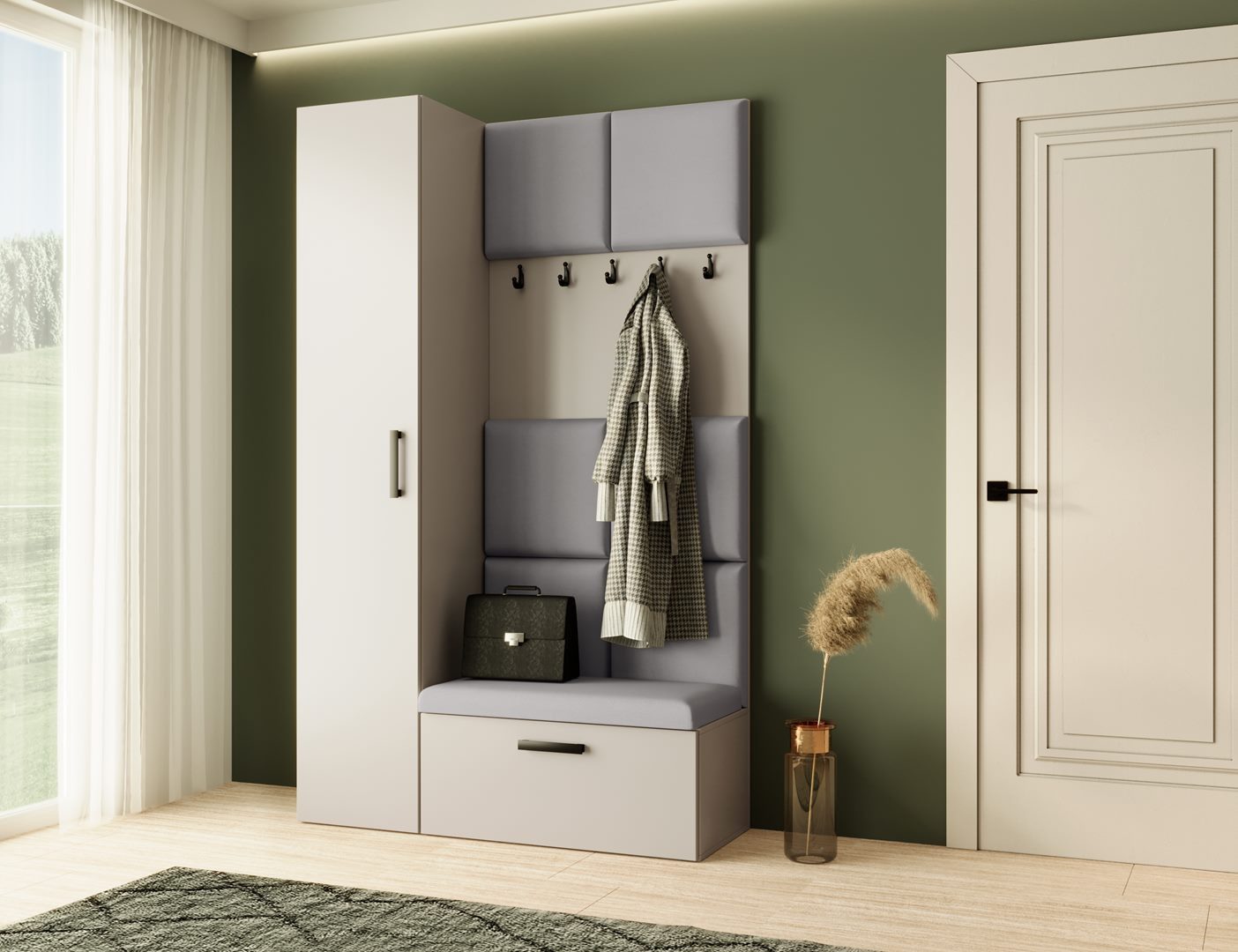 Beautysofa Garderoben-Set MARGARET mit Sitzbank, Kleiderhaken und eintürigem Kleiderschrank, (gepolsterten Paneelen, Höhe: 203 cm), verschiedene Farben und Breiten