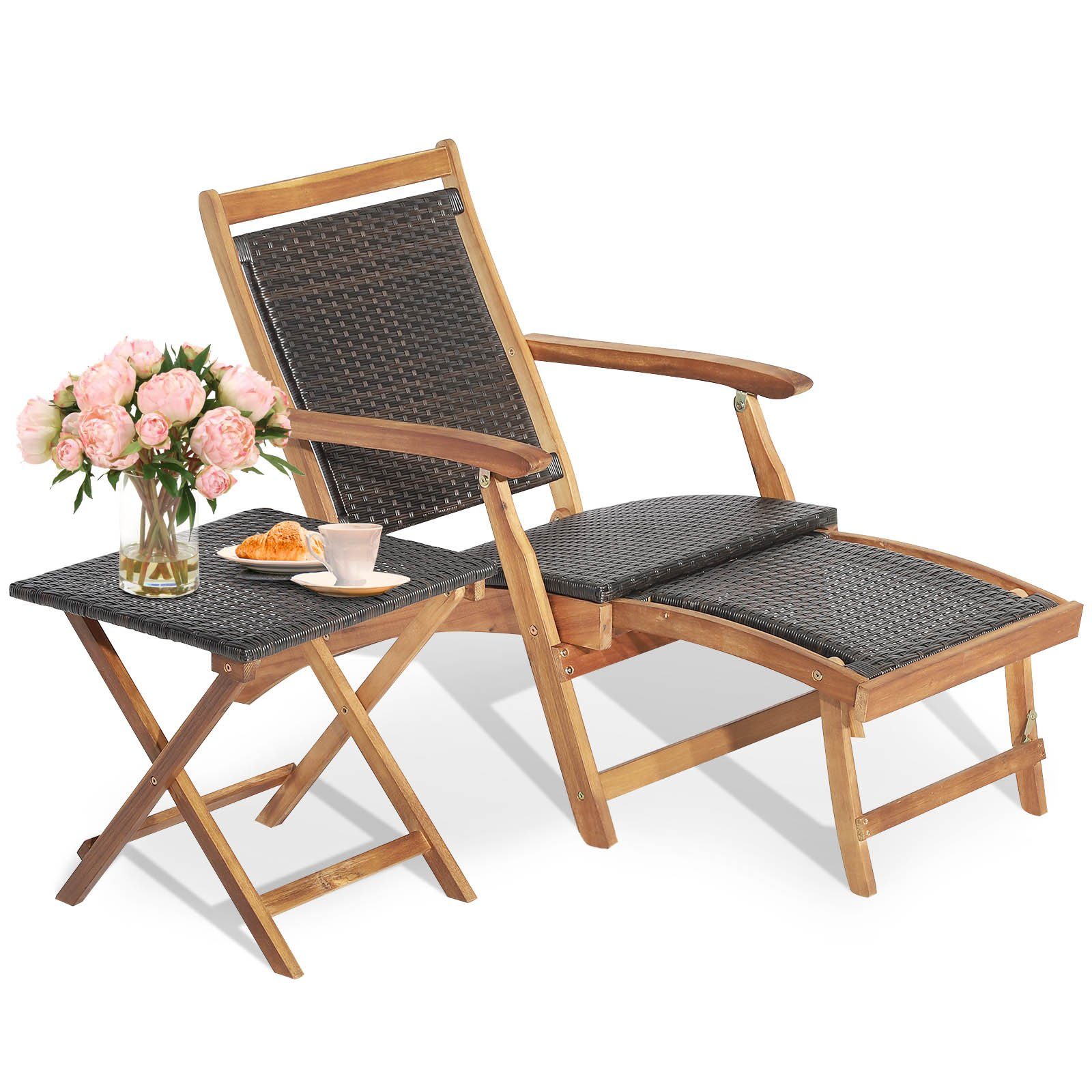 COSTWAY Gartenliege, klappbar, rattan mit Tisch&Fußstütze, 5-fach verstellbar