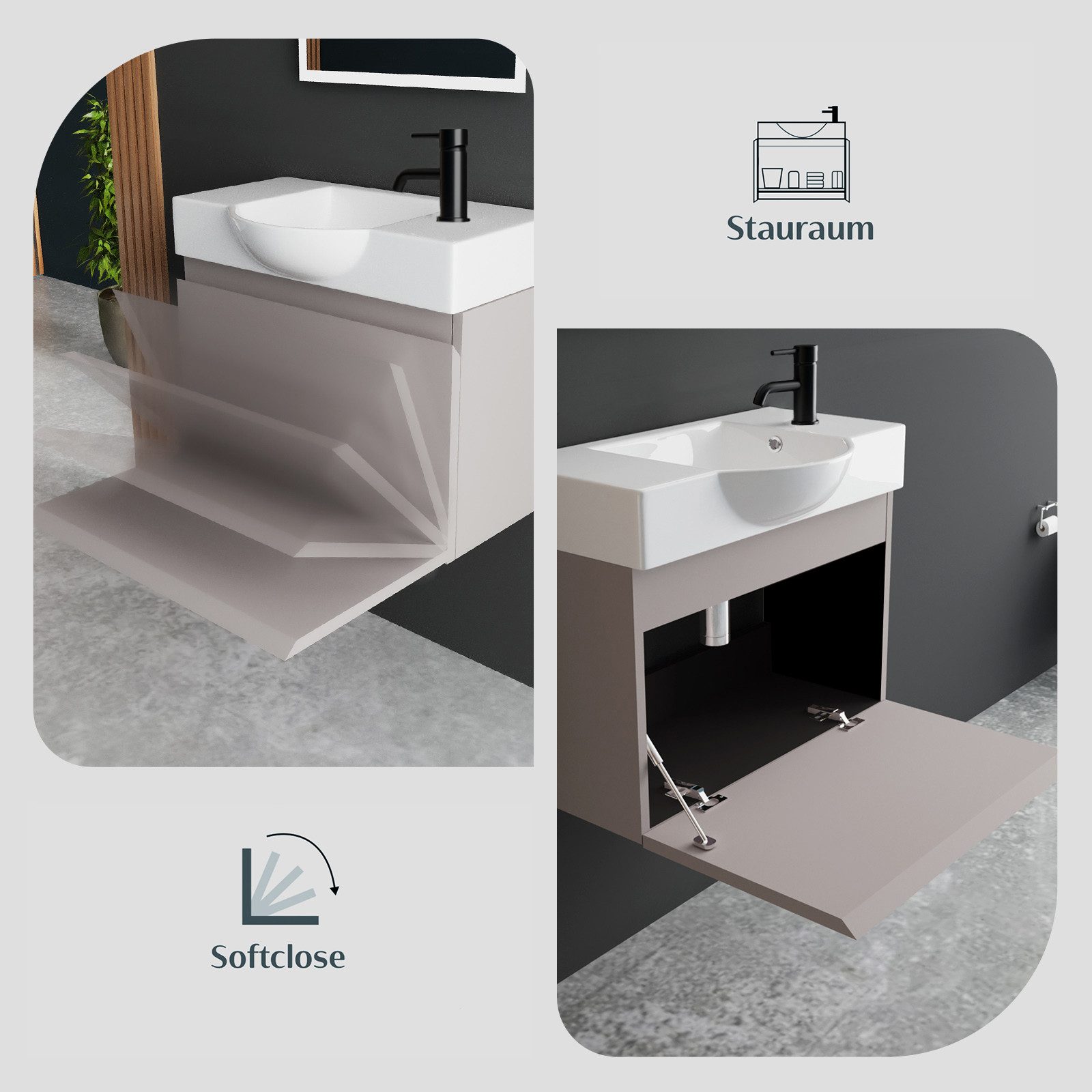 Alpenberger Waschtisch Gäste WC Waschbecken mit Unterschrank Klein, Waschplatz 55 cm hängend (Gäste WC Möbel Vormontiert, Waschtisch mit Unterschrank mit Softcl – Bild 4 von 5