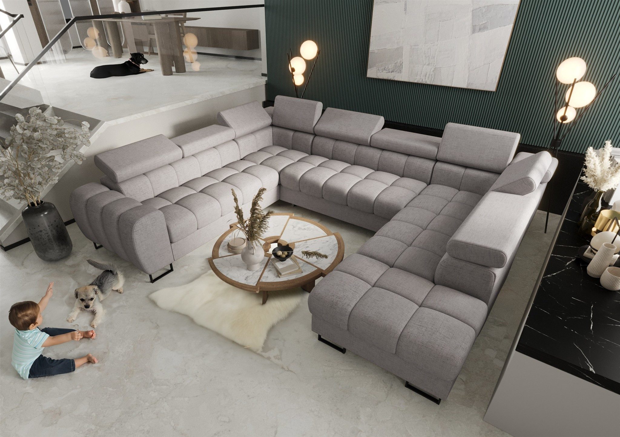 Fun Möbel Wohnlandschaft Schlafsofa BASTIEN XL mit Ottomanen in Stoff, inkl. Bettkästen, mit Rundumbezug, ausziehbare Liegefläche