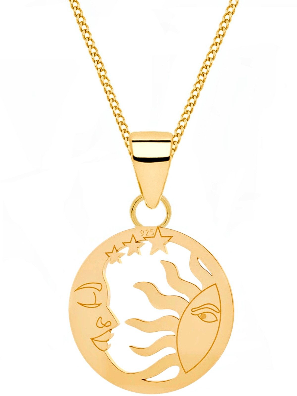 Goldene Hufeisen Kette mit Anhänger Sonne, Mond und Sterne in Gold I Halskette der Himmelsgeheimnisse, 925 Sterling Silber (hypoallergen)