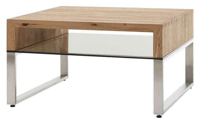 MCA furniture Couchtisch HILARY, Asteiche massiv, 70 x 70 cm, Edelstahlgestell, Ablageboden aus Glas