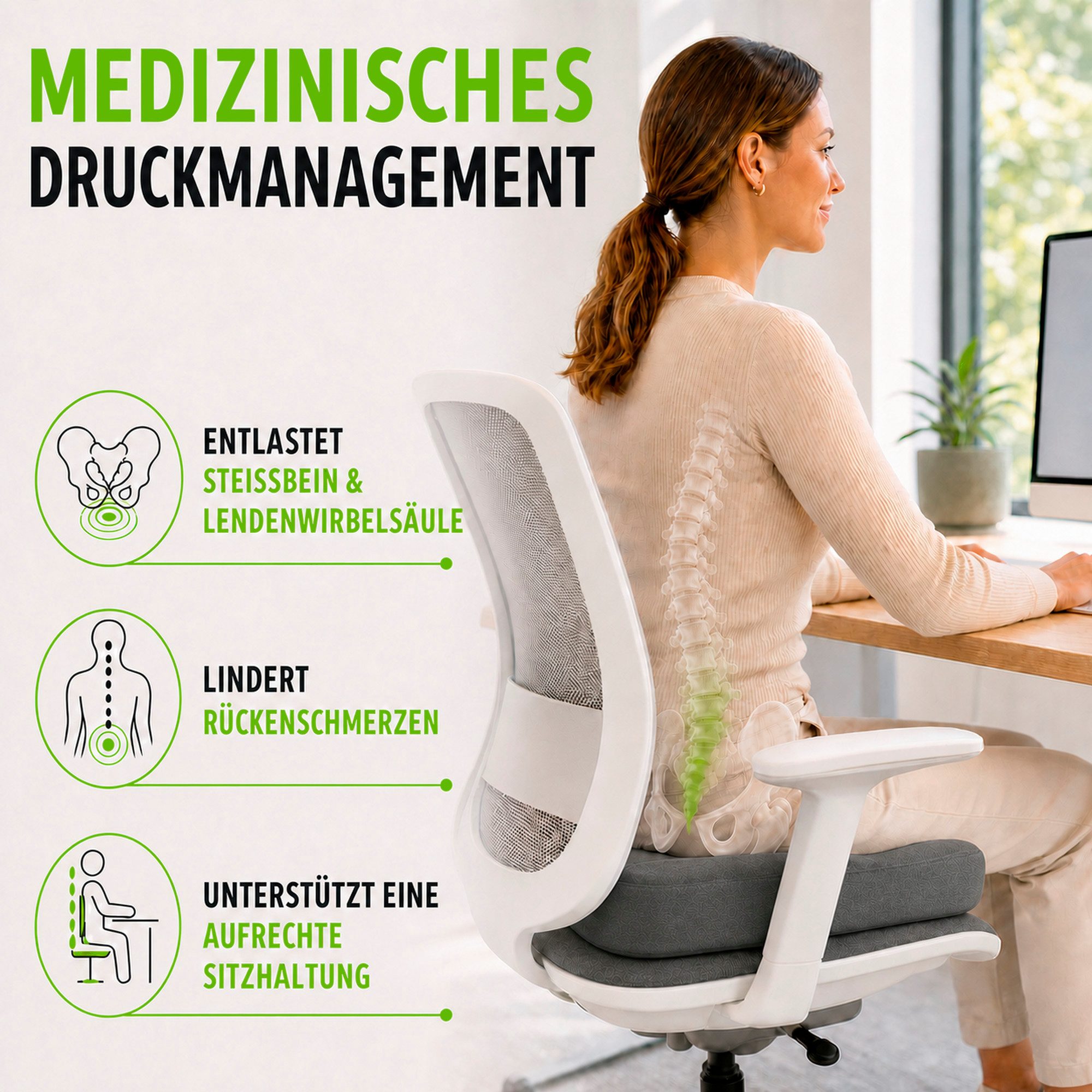 feela Sitzkissen Orthopädisches Kissen – Ergonomisch, 3 Härtegrade bei Rückenschmerzen, Fördert gesundes Sitzen & entlastet Rücken – Zuhause, Büro & unterwegs – Bild 2 von 5