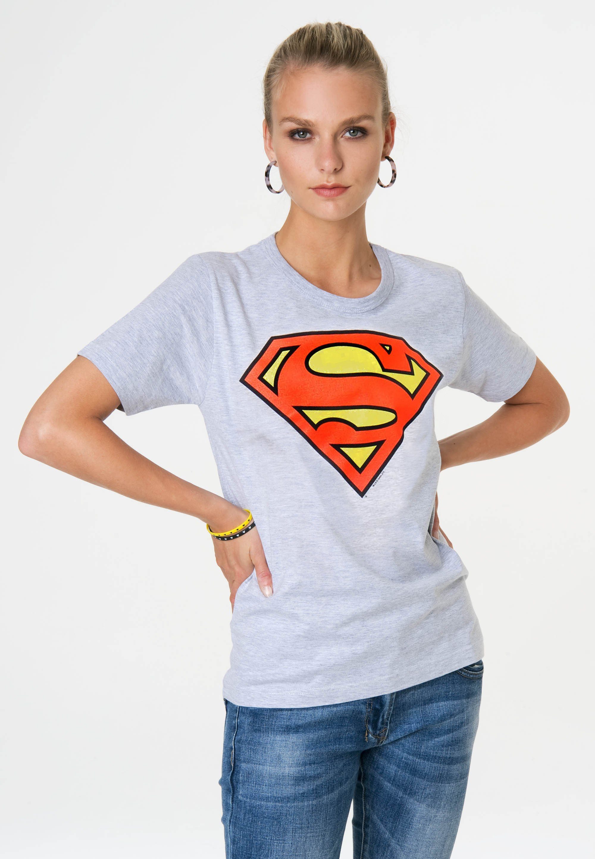 LOGOSHIRT trendigem grau-meliert T-Shirt Superhelden-Print Logo mit Superman
