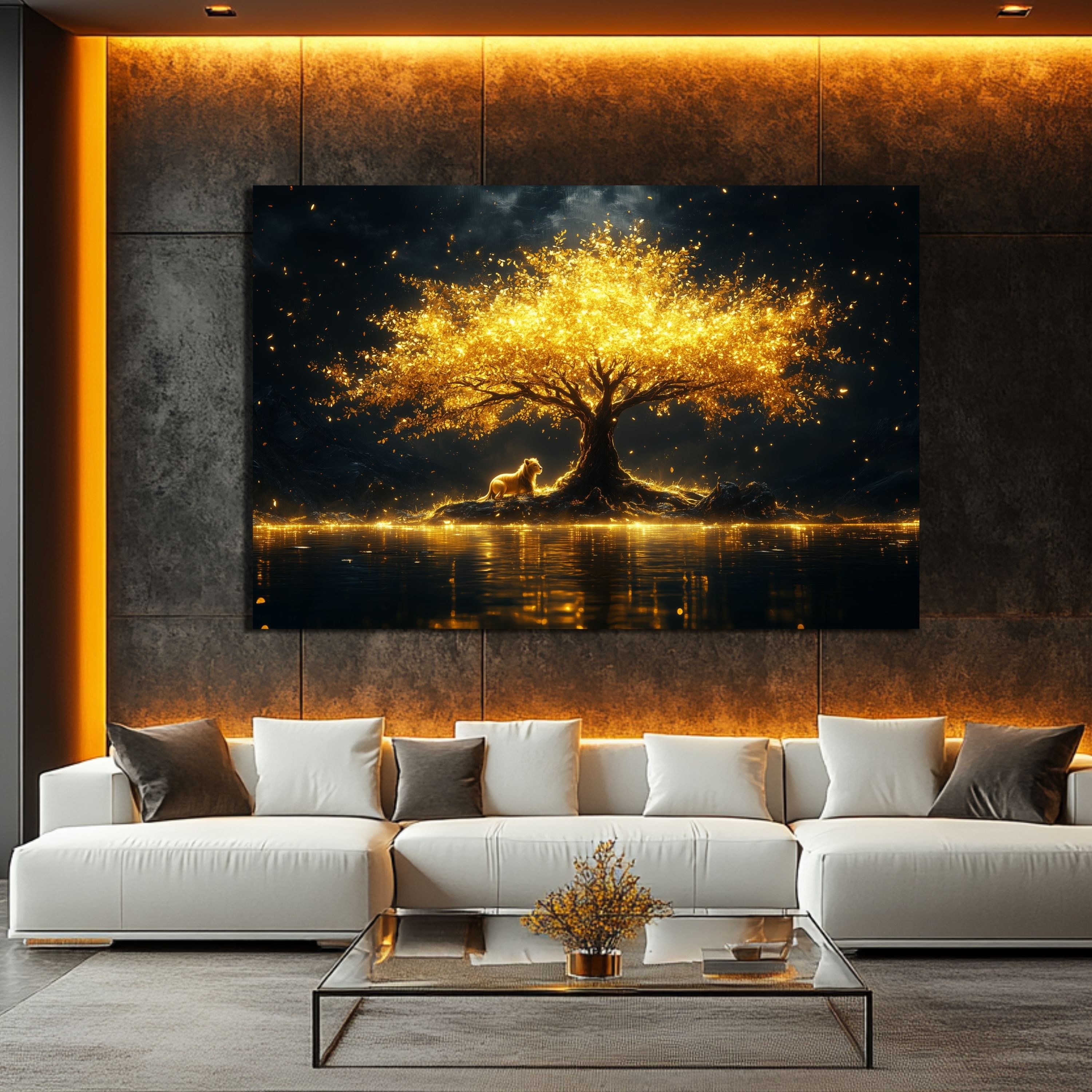 DARO Design Leinwandbild Modern Abstrakt Wandbilder XXL Wandbild Wand Deko Leinwand Bilder, (Tiger am goldenen Baum - Bild groß Wohnzimmer Esszimmer Schlafzimme – Bild 5 von 5