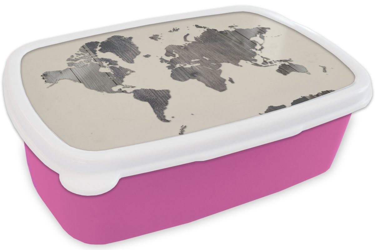 Brotdose Weltkarte Kunststoff, Snackbox, Holz für rosa (2-tlg), - Erwachsene, Kinder, Lunchbox Grau, Mädchen, Brotbox MuchoWow - Kunststoff
