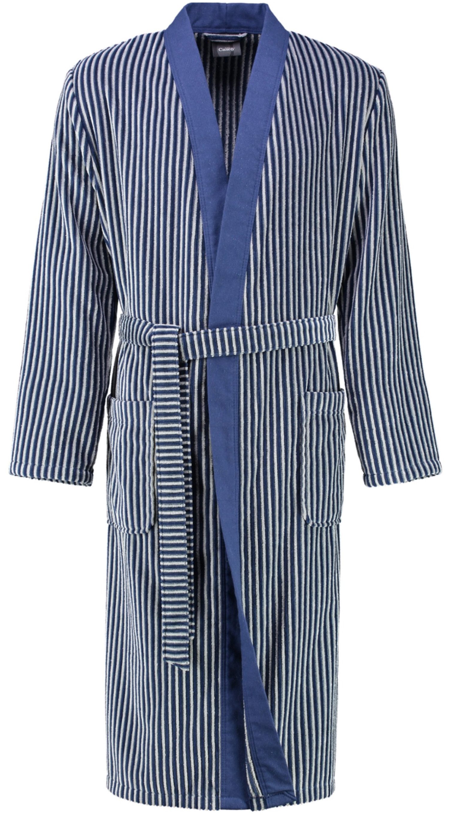 Cawö Herren Bademantel gestreift, Langform, Extraleichte Walkvelours-Qualität in Cord-Optik, Kimono-Kragen, Gürtel, Kimono Form