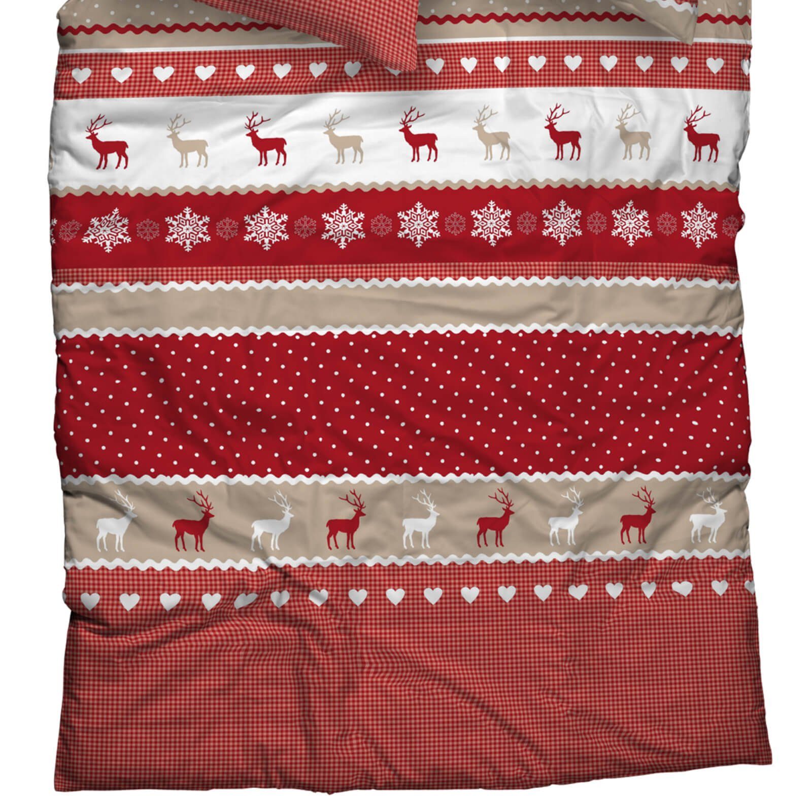 CASATEX Bettwäsche Garmisch Beige Rot, Biber, 2 teilig, Landhausstil, Weihnachten, Winter