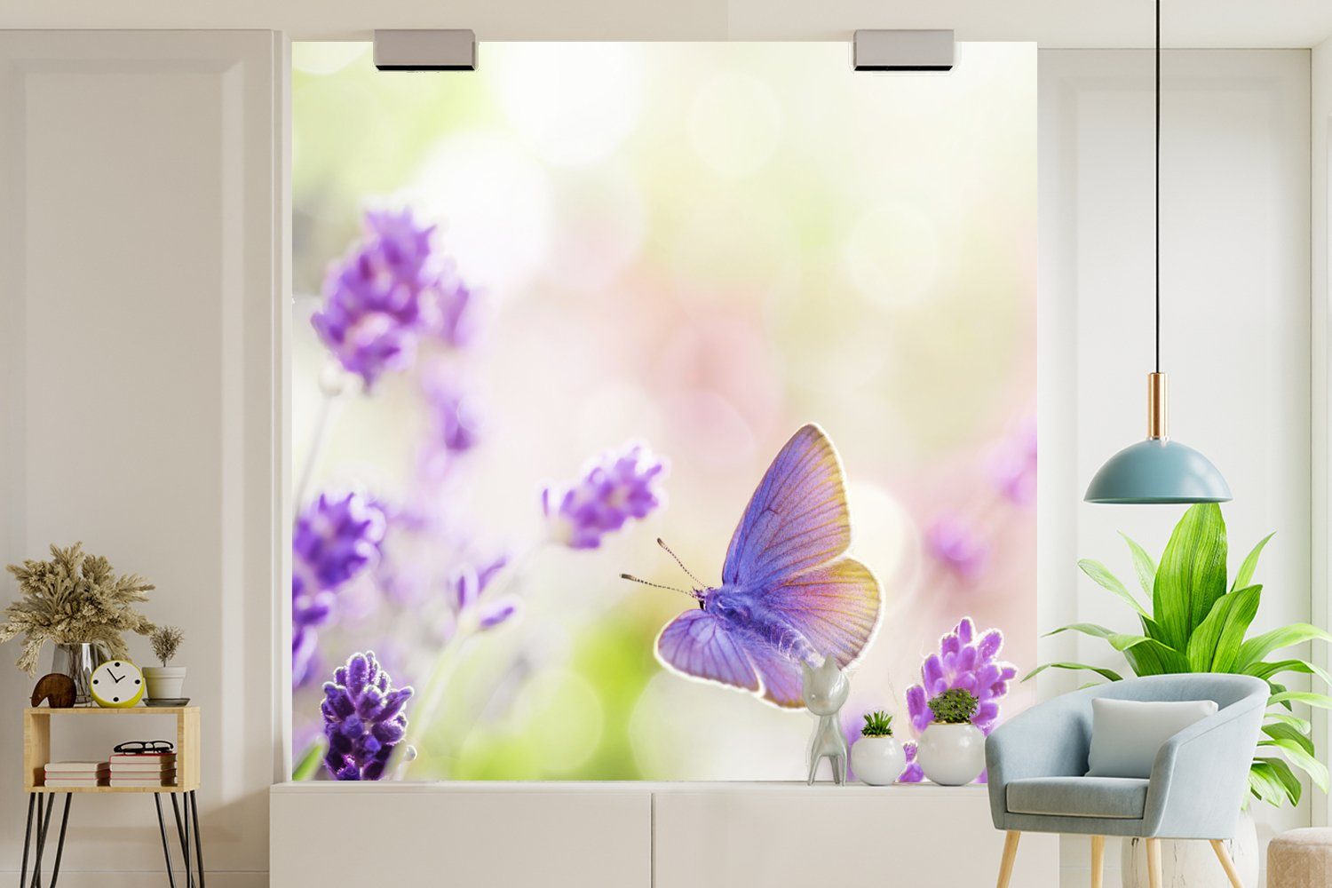 - Fototapete (4 St), Küche, Schmetterling Vliestapete Wohnzimmer Matt, Schlafzimmer bedruckt, MuchoWow Lavendel Fototapete Blumen, - für
