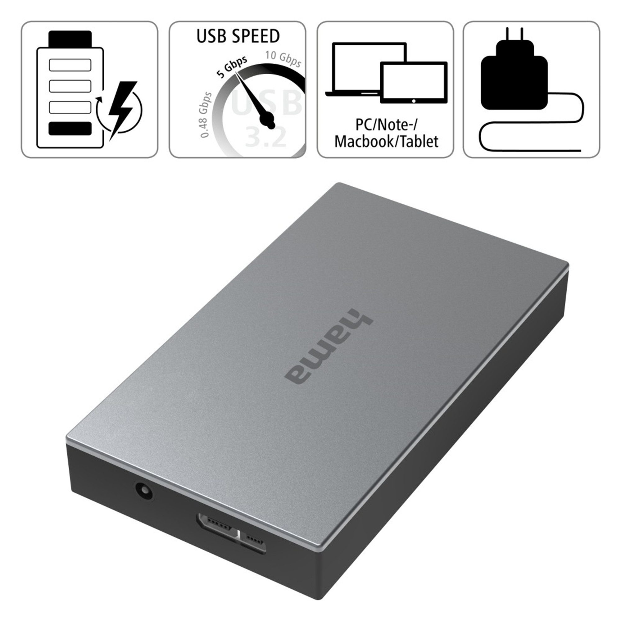 Hama 4 Ports, inkl. Kabel und Netzteil USB-Adapter, 80 cm