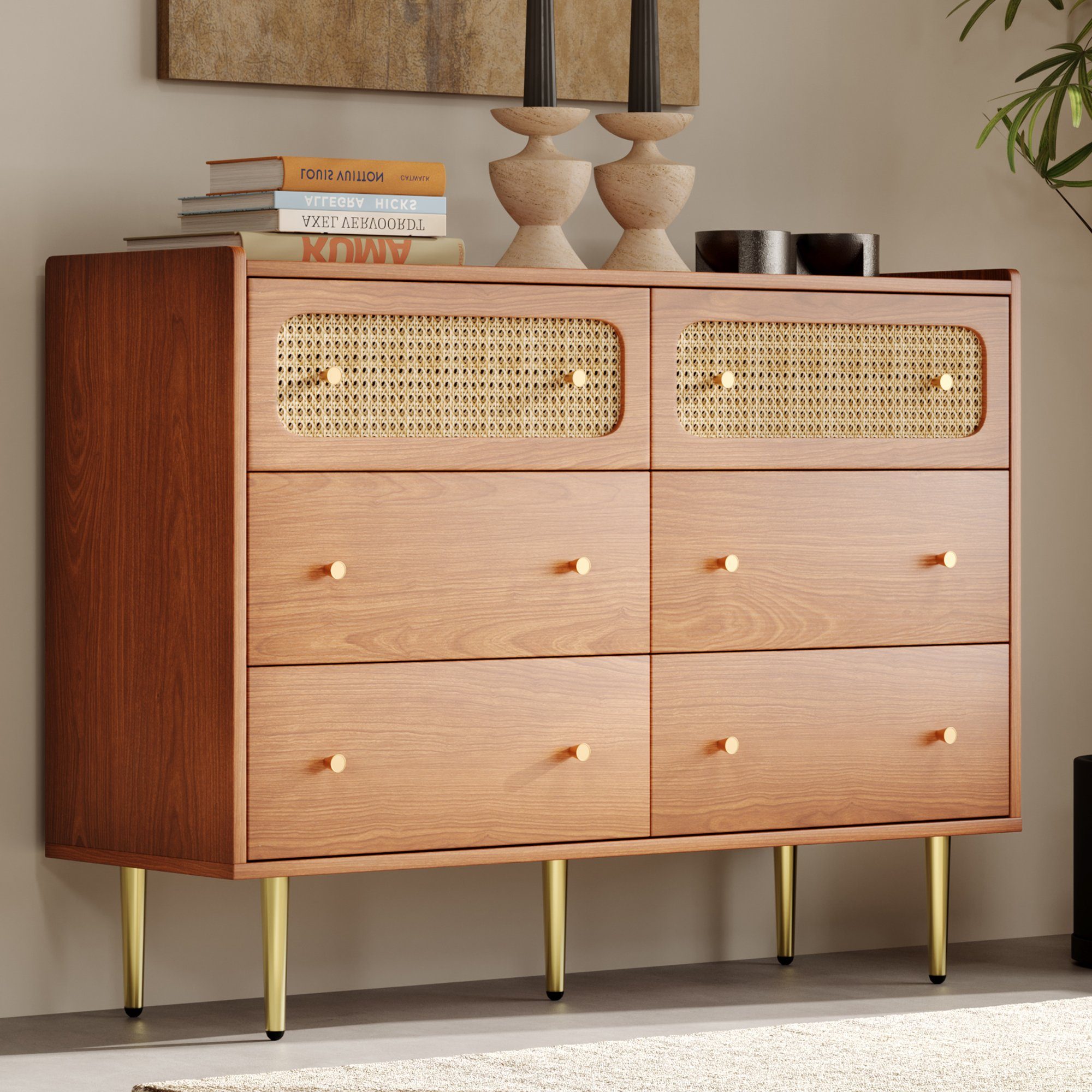 Kommode (Schubladenkommode), Sideboard mit 6 Schubladen, Rattan, Metallgriffe, 120x40x90cm