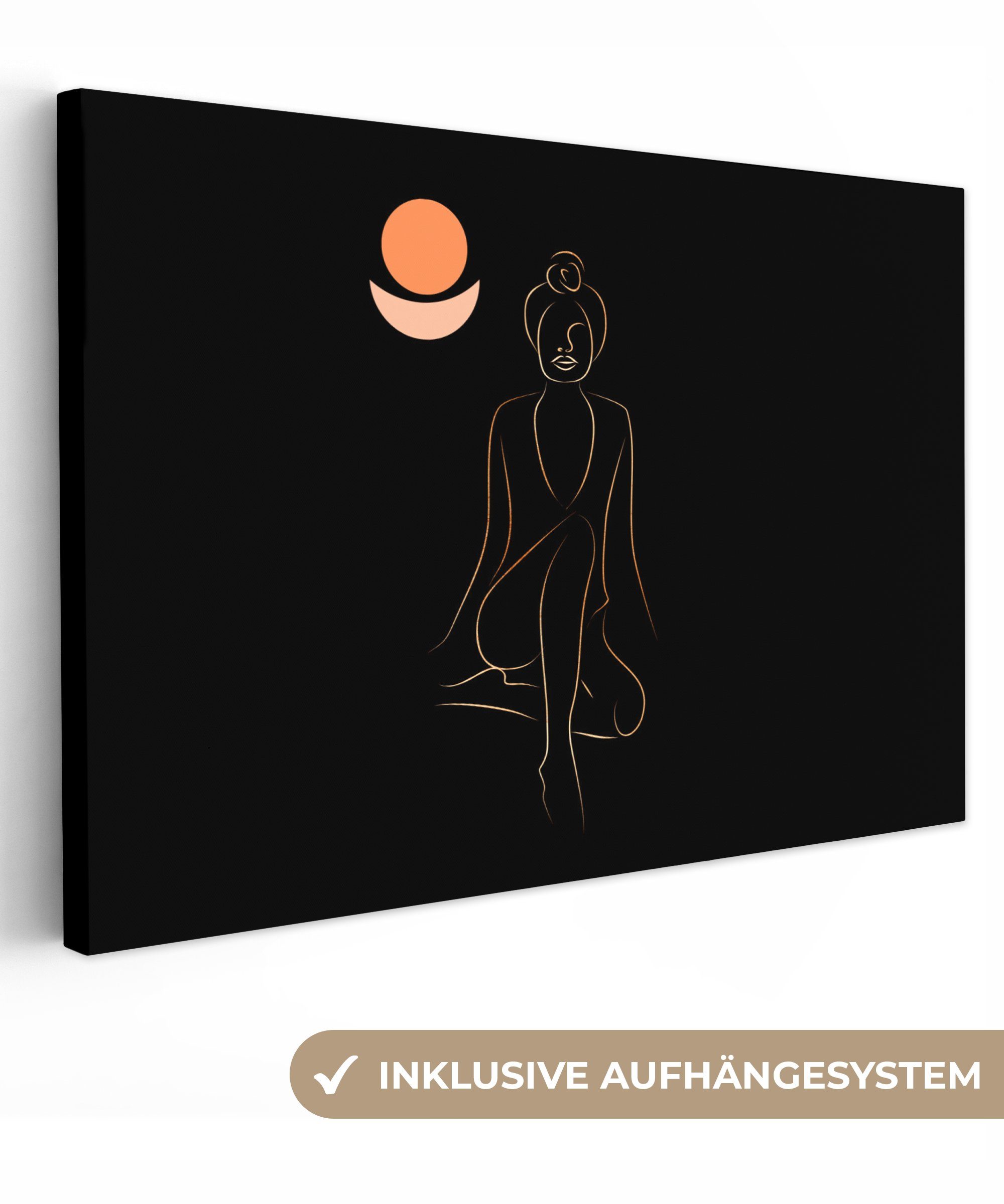 Aufhängefertig, Gold Leinwandbilder, Meditation, OneMillionCanvasses® Frau - - - Linienkunst Leinwandbild 30x20 Wandbild cm Wanddeko, (1 St),