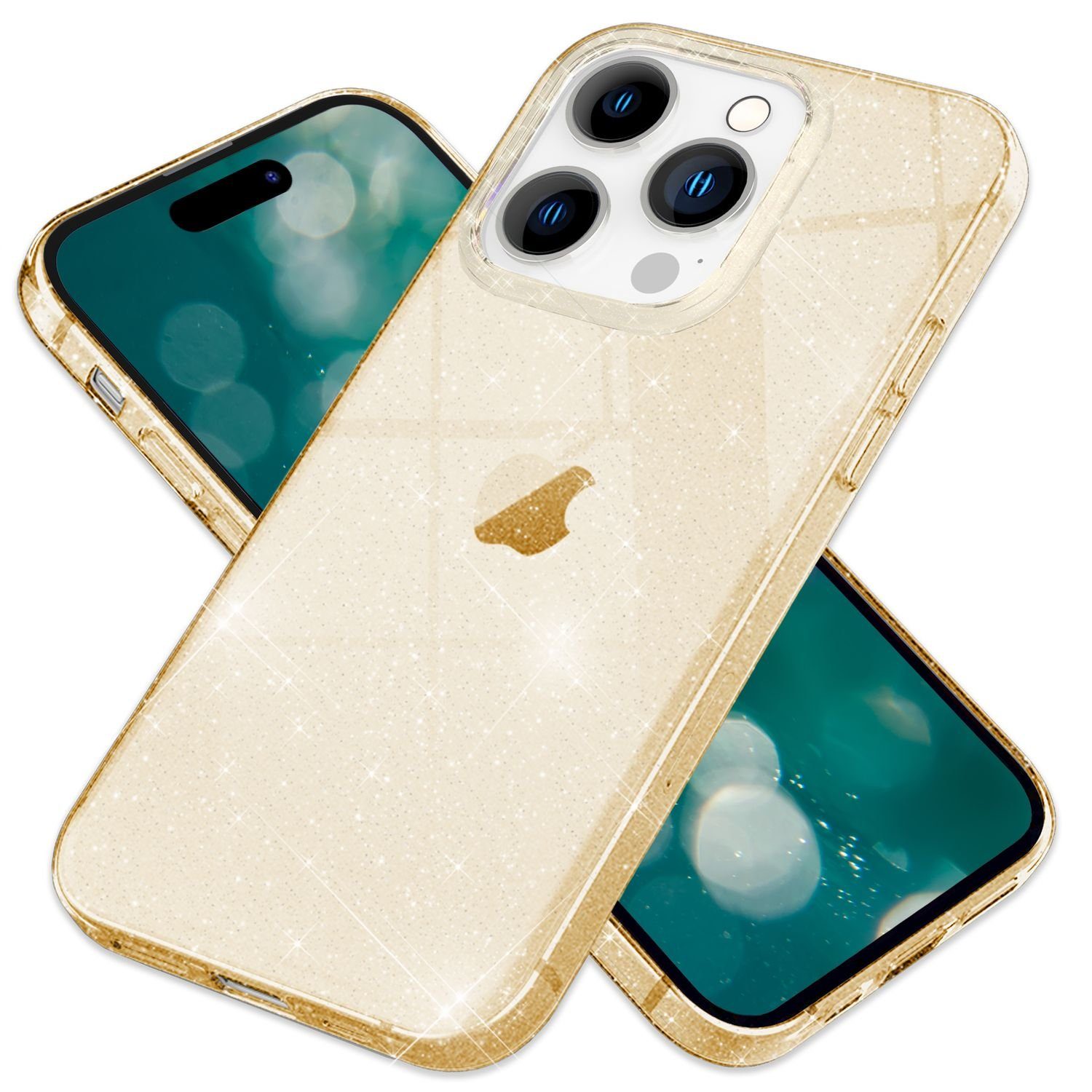 Nalia Smartphone-Hülle Apple iPhone 15 Pro, Klare Glitzer Hülle / Silikon Transparent / Glitter Cover / Bling Case
