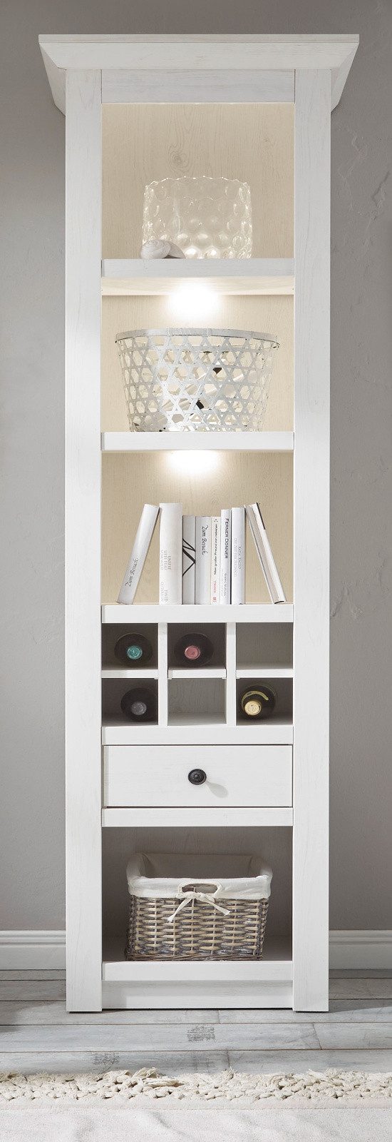 Furn.Design Standregal Hooge, Regalschrank in weiß Pinie Landhaus, 56 x 207 cm, mit Flaschenregal