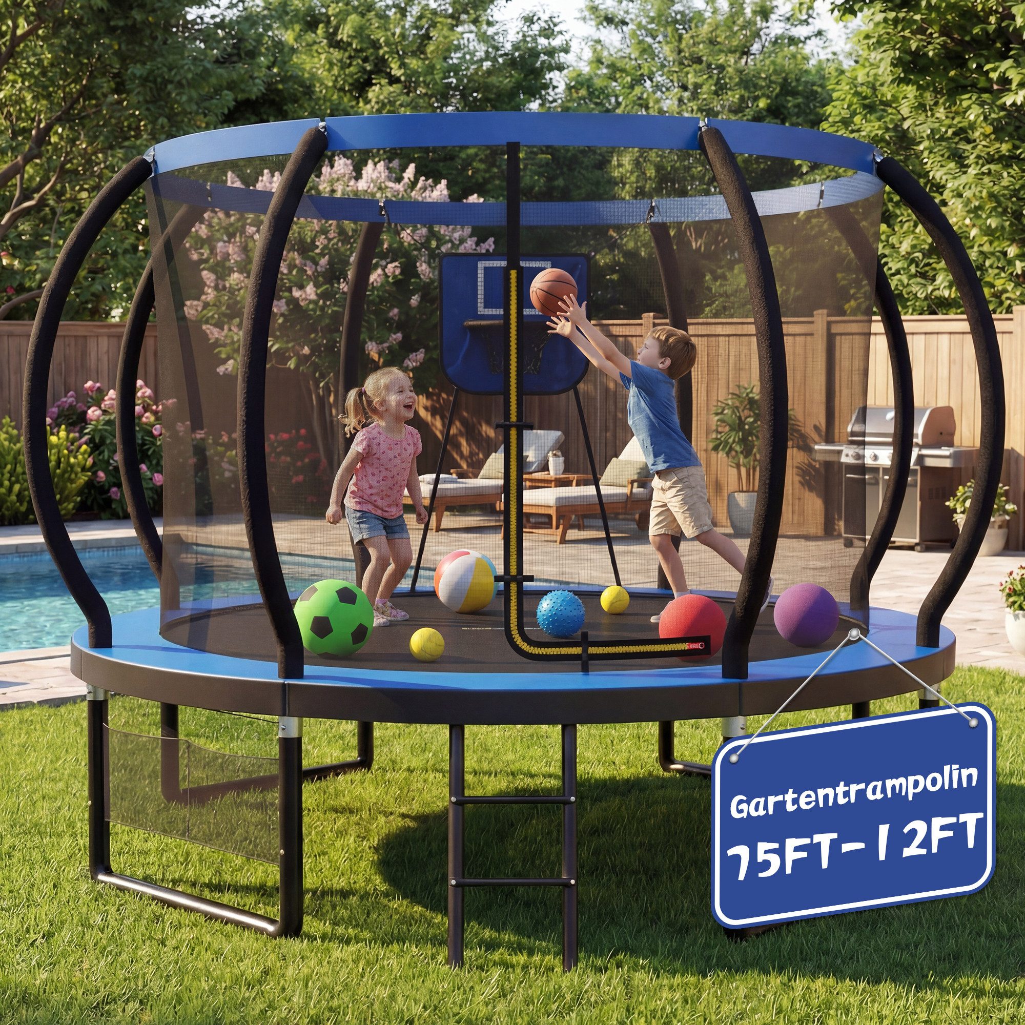 GUNJI Gartentrampolin Basketballkorb-Trampolin, Durchmesser 228/305 cm, Kindertrampolin, Ø 305 cm, (Enthält Leiter, Sicherheitsnetz, Schuhnetz, 360°-Schutzgitter und Fallschutzmatte, mit einer Tragkraft von 150 kg-ostern geschenke)