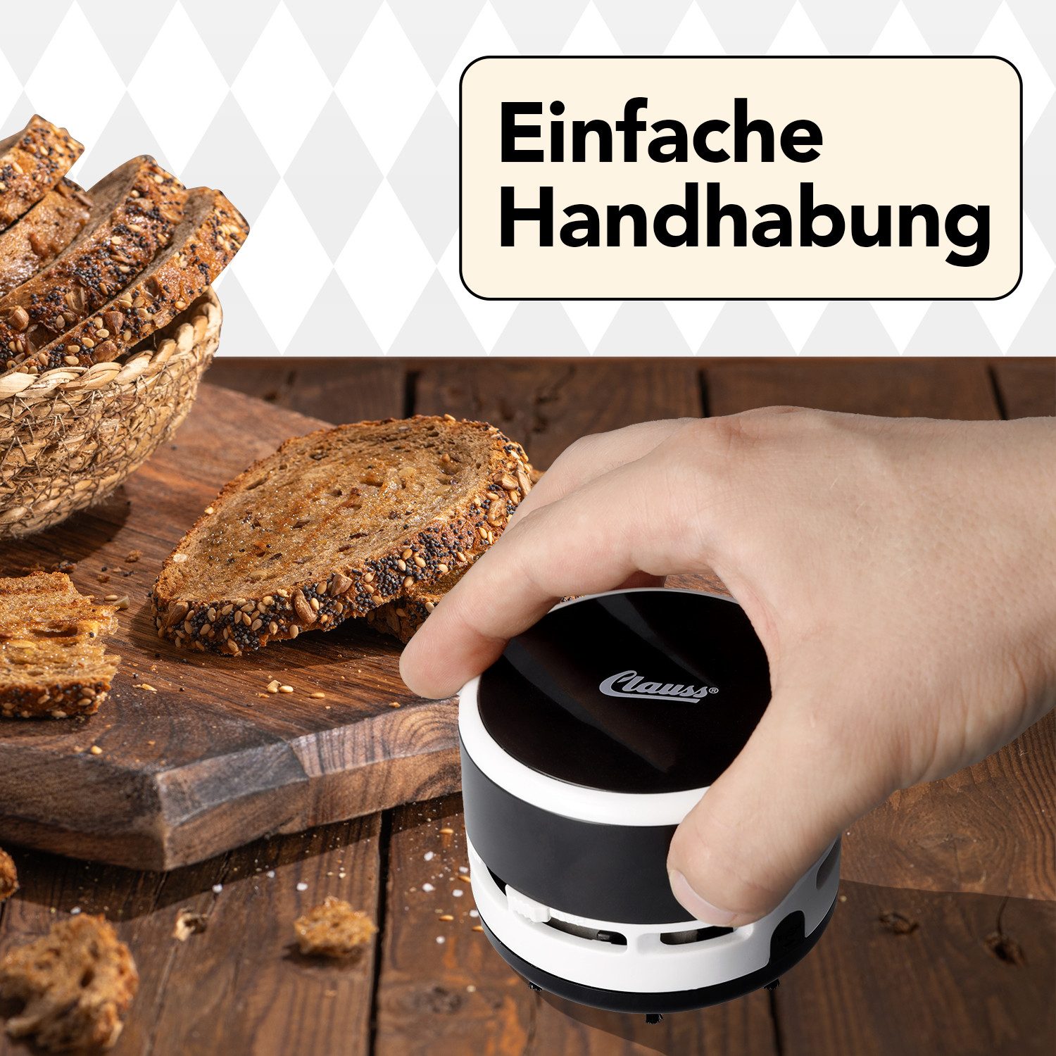 CLAUSS Akku-Handstaubsauger 2Clean Tischstaubsauger Schwarz, Mini Staubsauger Büro Gadget, Ideal für Büro, Haushalt oder Auto