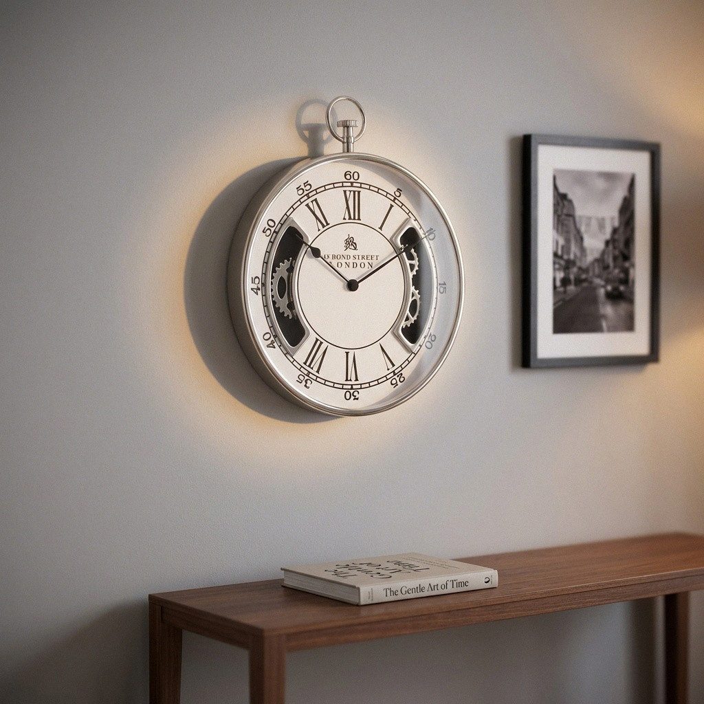 Antikas Wanddekoobjekt Wanduhr Taschenuhr-Design, rund, silbern glänzend, hochwertig