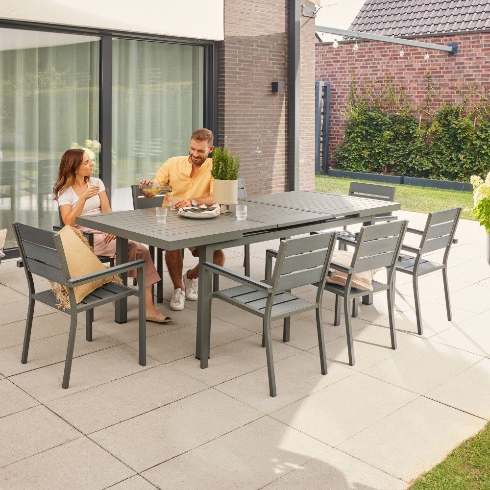 HOME DELUXE Garten-Essgruppe Sitzgruppe CALIDO MADERA, (1-tlg., Ausziehtisch, Terrassentisch, Balkontisch), schnell ausziehbar 180 - 240 cm, aus robustem Aluminium, Gartenmöbel