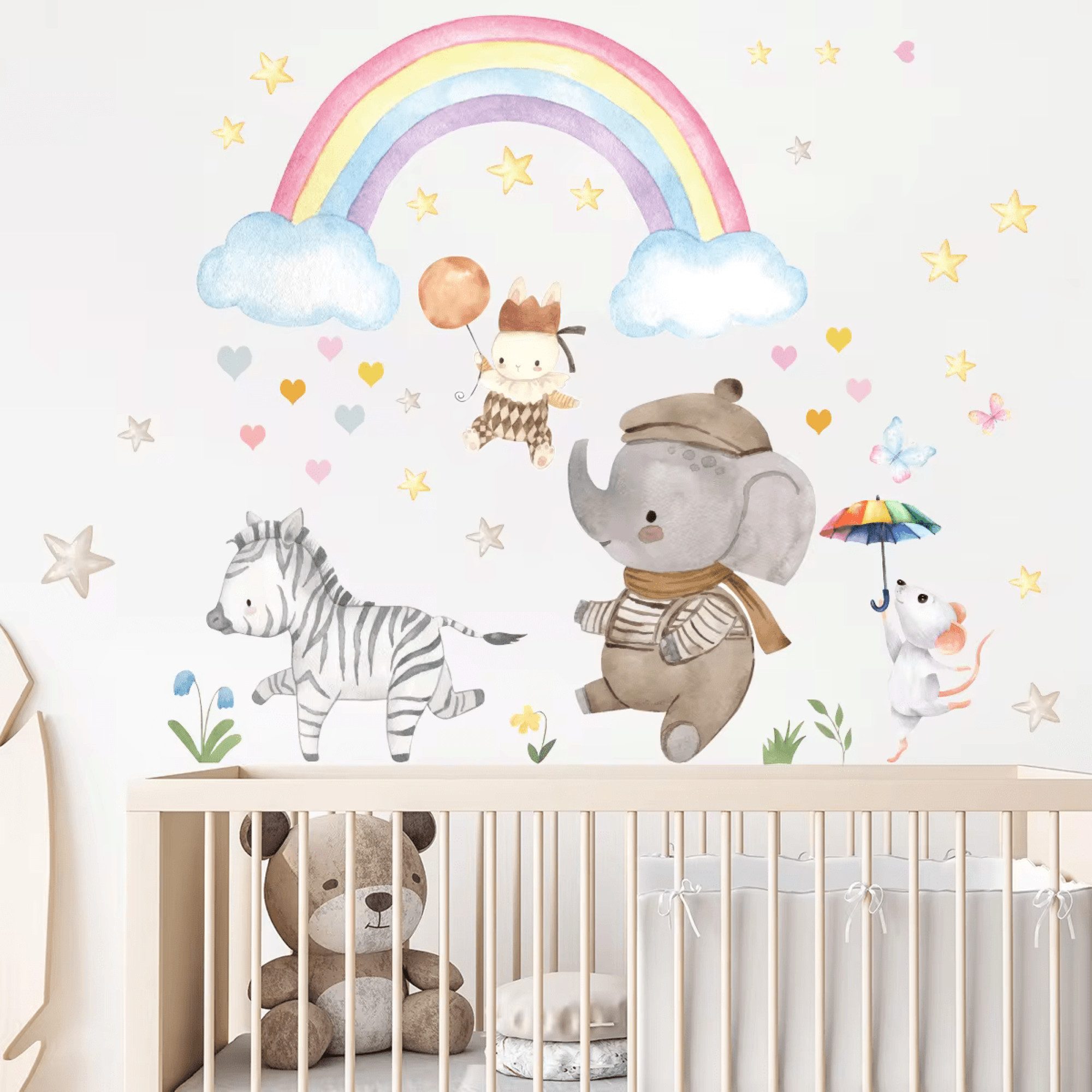 Montegoni Wandtattoo Cartoon Tier Fantasie Regenbogen Wandaufkleber (Wolken,Herzen, Zebra, Elefant, Wandsticker, Wanddeko für Mädchenzimmer), kinderzimmer,babyzimmer