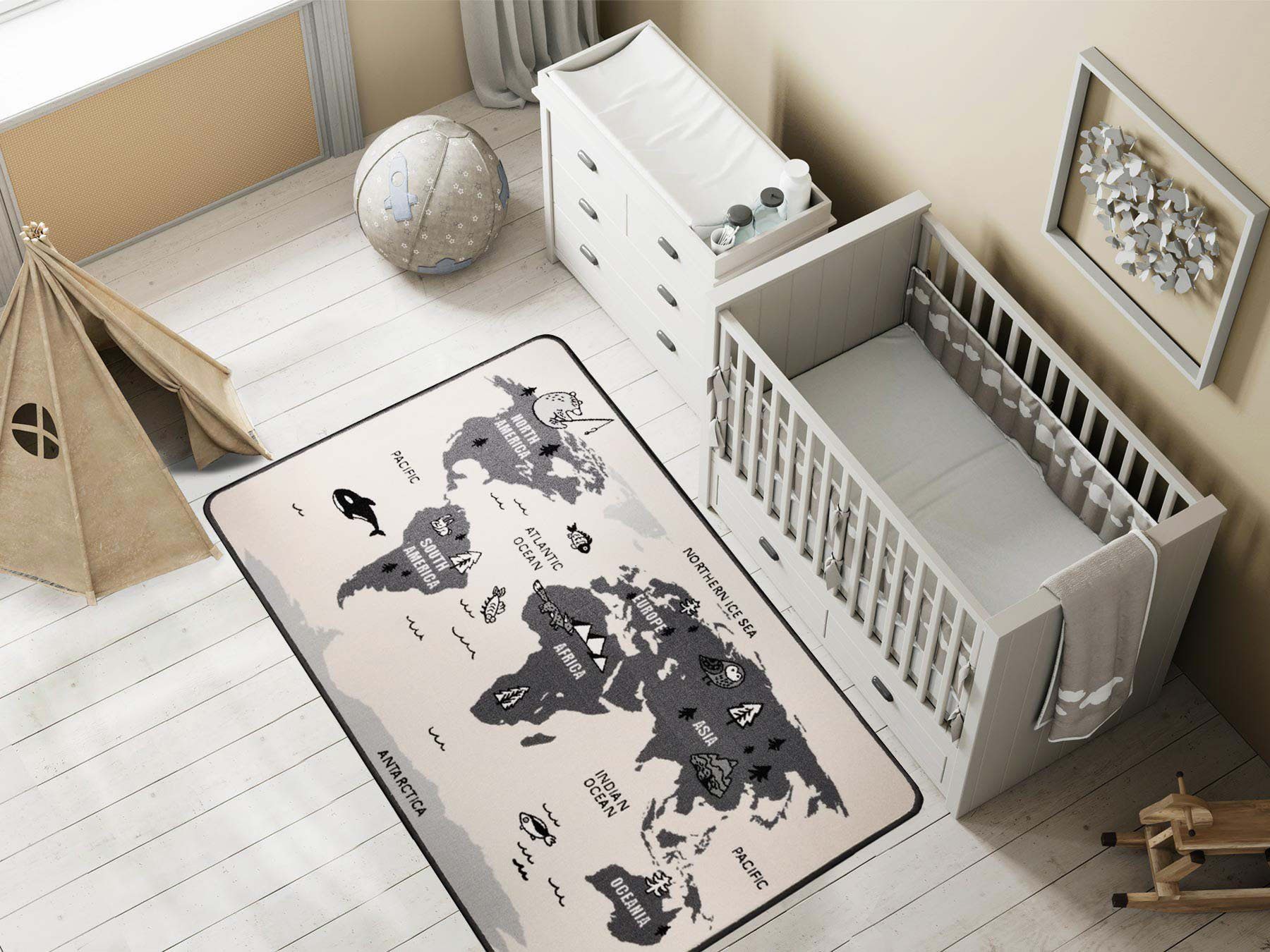 Primaflor-Ideen in Textil Kinderteppich RETRO - Weltkarte, Made in Belgium, rechteckig, Höhe: 5 mm, Motiv Weltkarte, Kinderzimmer