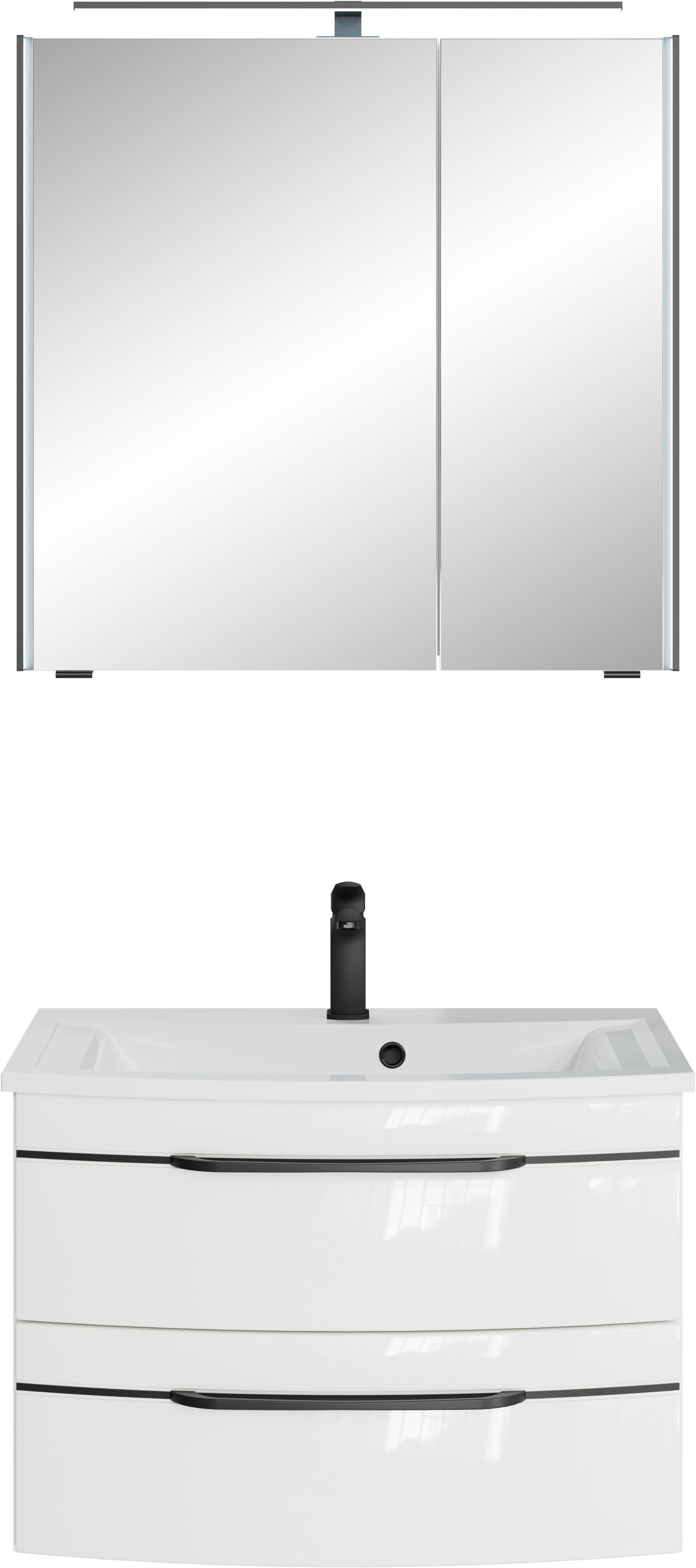Saphir Badmöbel-Set Serie 7045 2-teilig Mineralmarmor-Waschtisch mit LED-Spiegelschrank, (Set, 2-St), Badezimmer-Set 73,2 cm breit, inkl. Türdämpfer, 2 Türen, 2 Schubladen