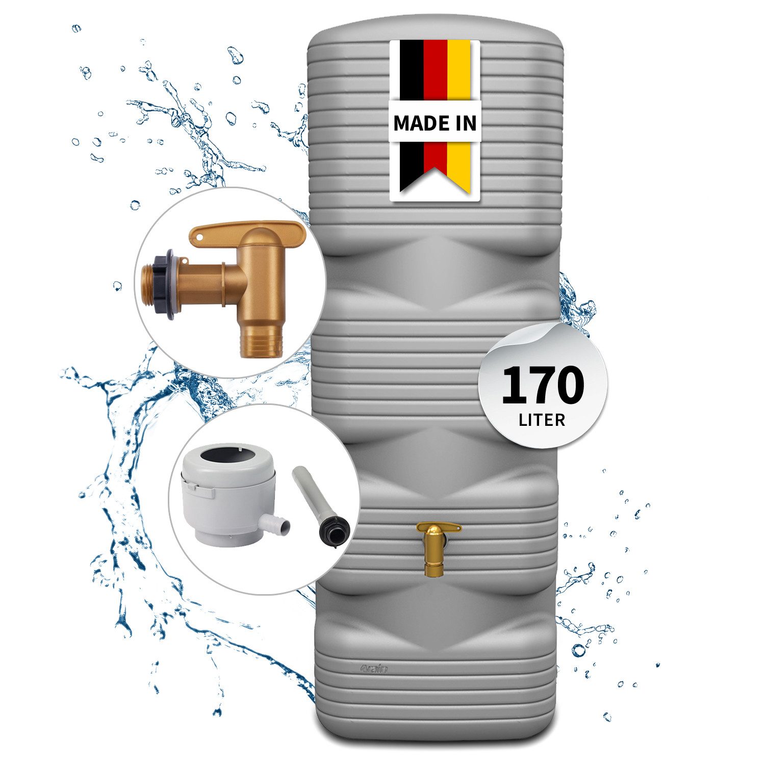 4rain Regentonne QUADRO Wandtank Komplett-Set 170 L betongrau, 170 l