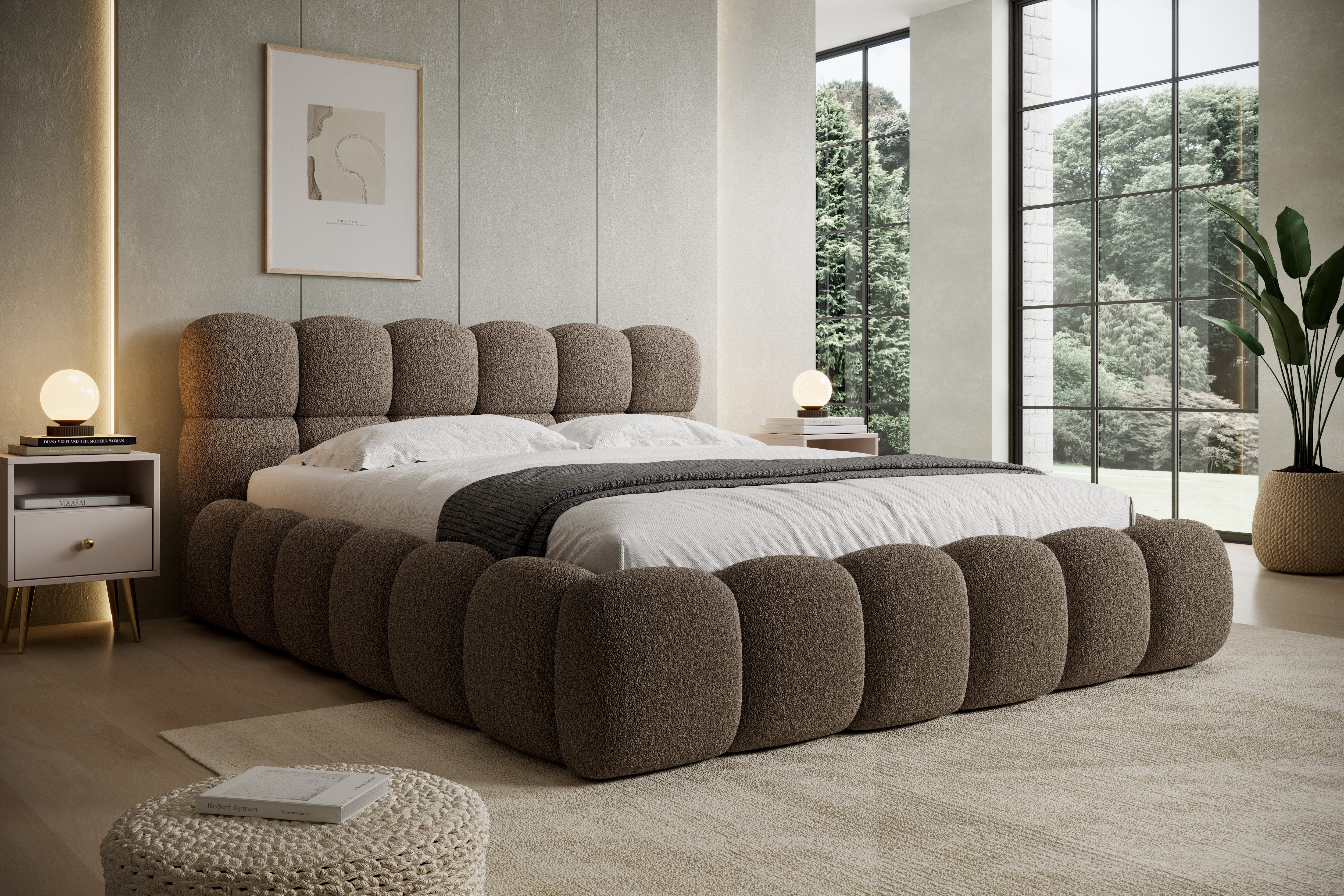 thematys Polsterbett mit Bettkasten 140x200–200x200 cm – Velours oder Bouclé Bezug – (Polsterbett in den Varianten Bouclé (Fredo), Velours (Velutto) - Wolkenbett mit XXL Kopfteil), Wolkenbett mit XXL Kopfteil)