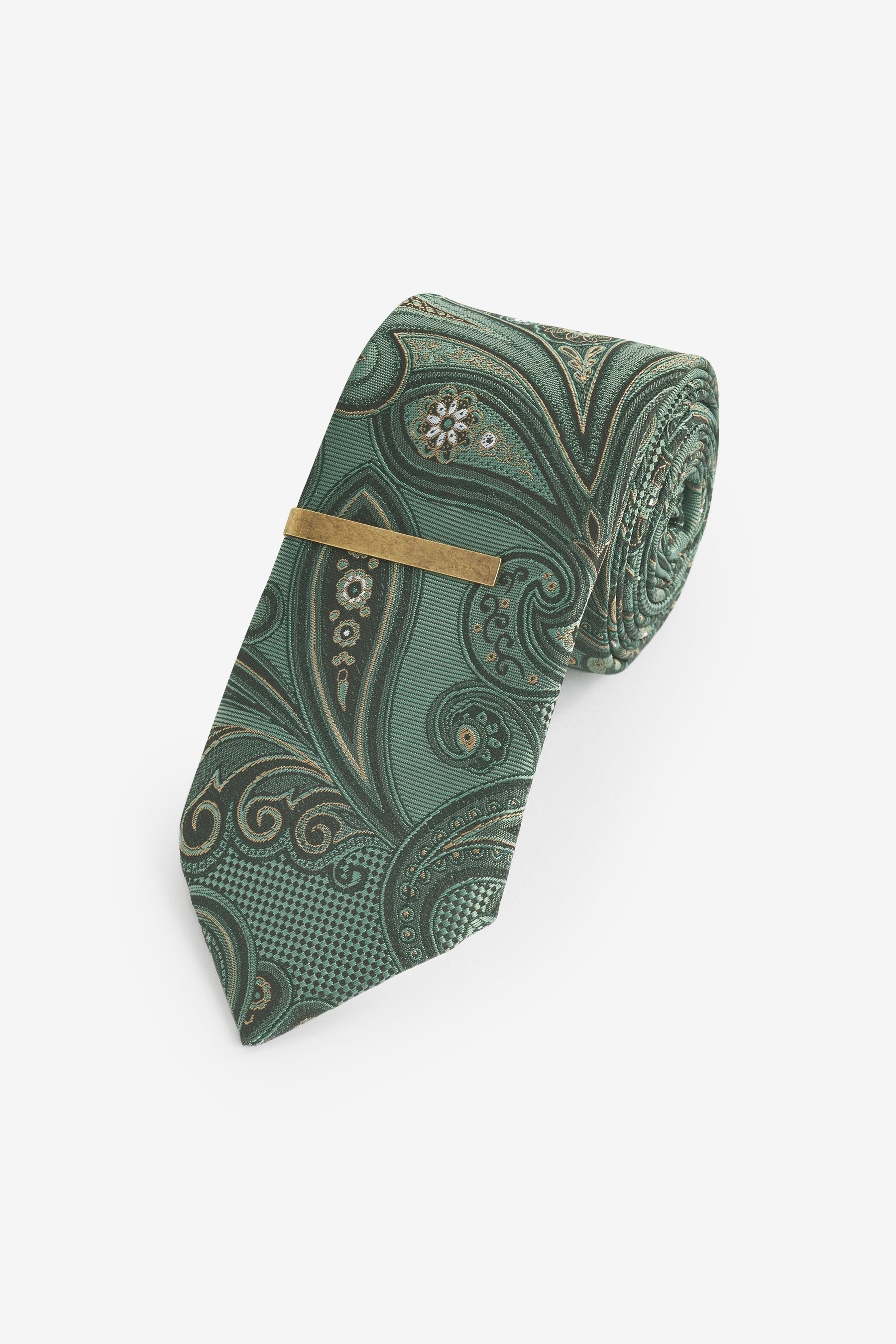 Next Krawatte Gemusterte Krawatte mit Krawattenklammer, Slim (2-St) Sage Green Paisley