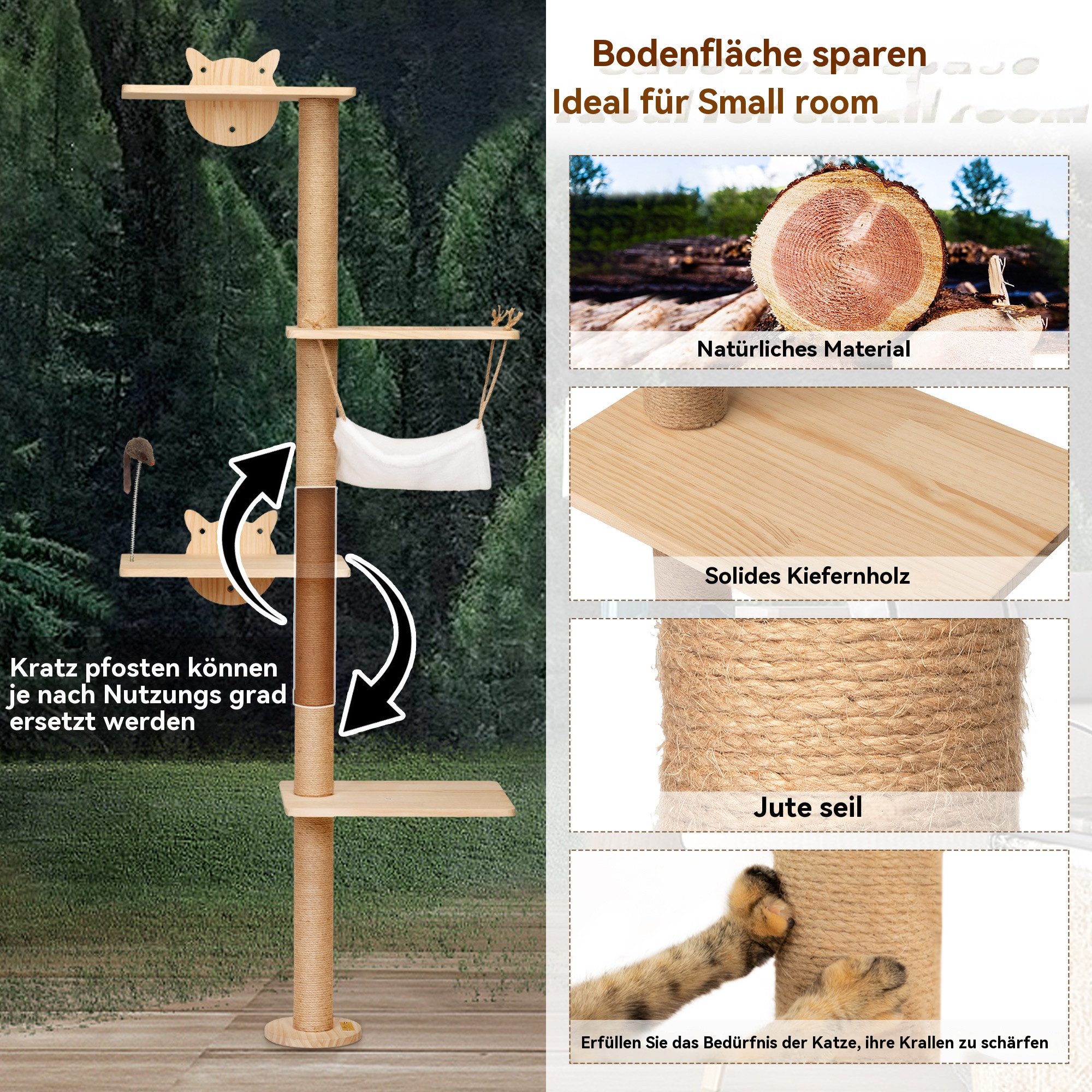 FURPAL Kratzbaum Kletterbaum Katze Wand, mit Hängematte & Kratzstamm, Wandmontage aus Massivholz – inkl. Spielzeug & Kratzmatte