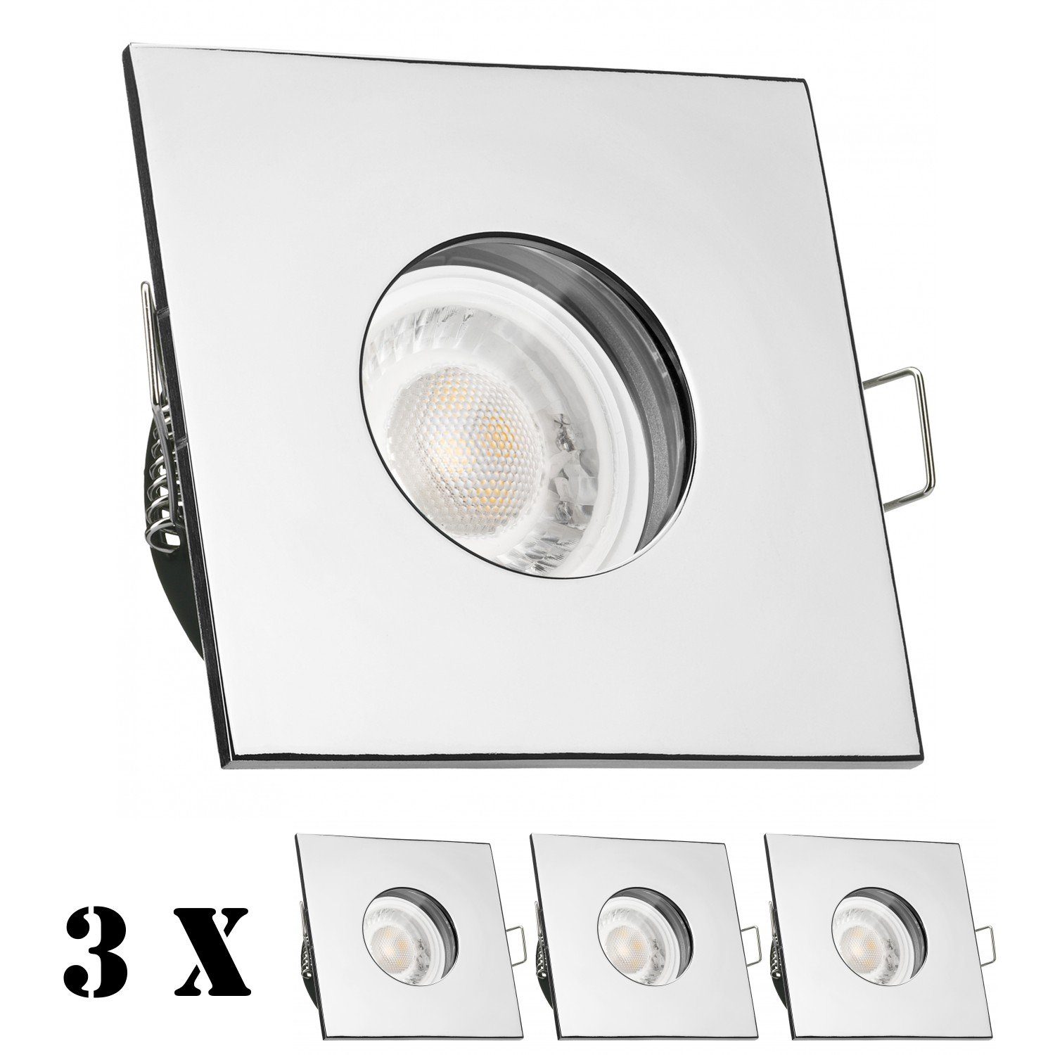 LEDANDO LED Einbaustrahler 3er IP65 extra chrom Leuchtmitt in 5W Set Einbaustrahler mit LED flach