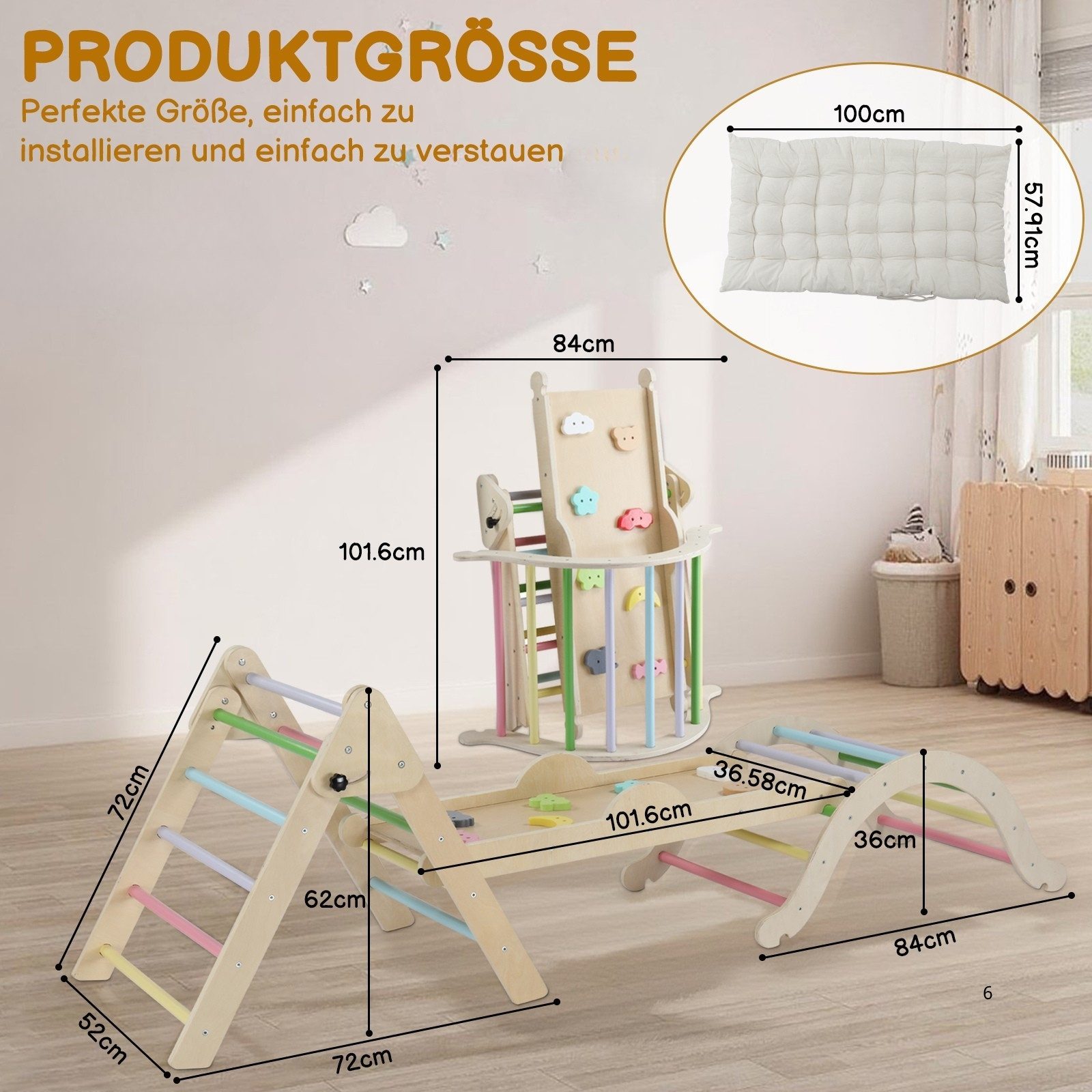 LALAHO Klettergerüst 5-in-1 Kletterdreieck & Kletterbogen & Leiter & Rutsche, Klettergerüst mit Kissen, Spielplatz für Kleinkinder 1-3 Jahre
