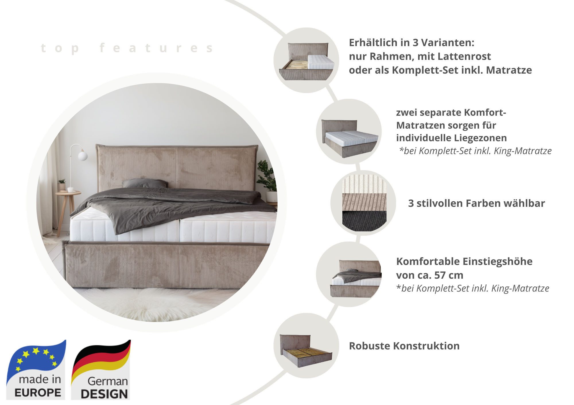 COLLECTION AB Polsterbett Marla erhältlich in der Breite 180x200cm, mit Cordstoff bezogen, wahlweise mit Lattenrost und King-Matratze (28cm)