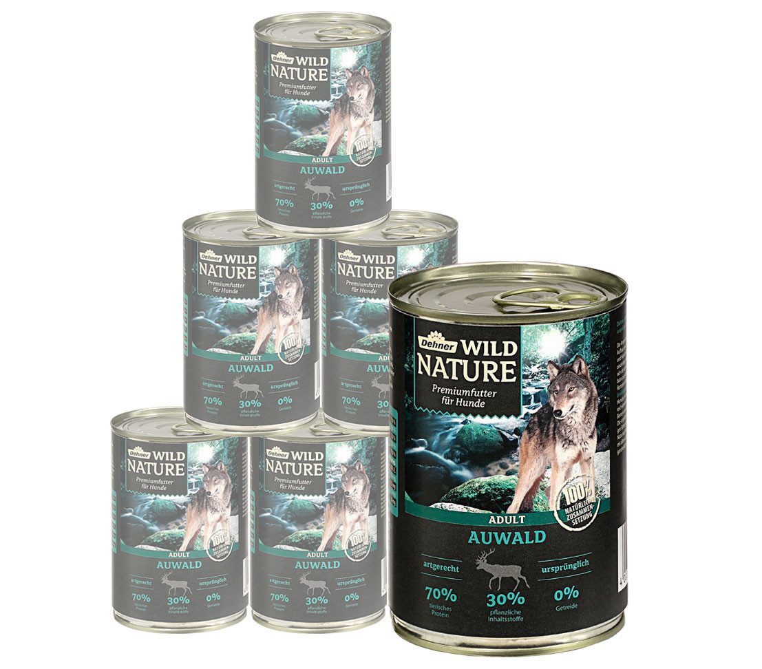 Dehner Wild Nature Auwald Rind, 6 x 400 / 800 g Dose Wild, Nassfutter für: Hunde, Nassfutter für ausgewachsene Hunde, glutenfrei