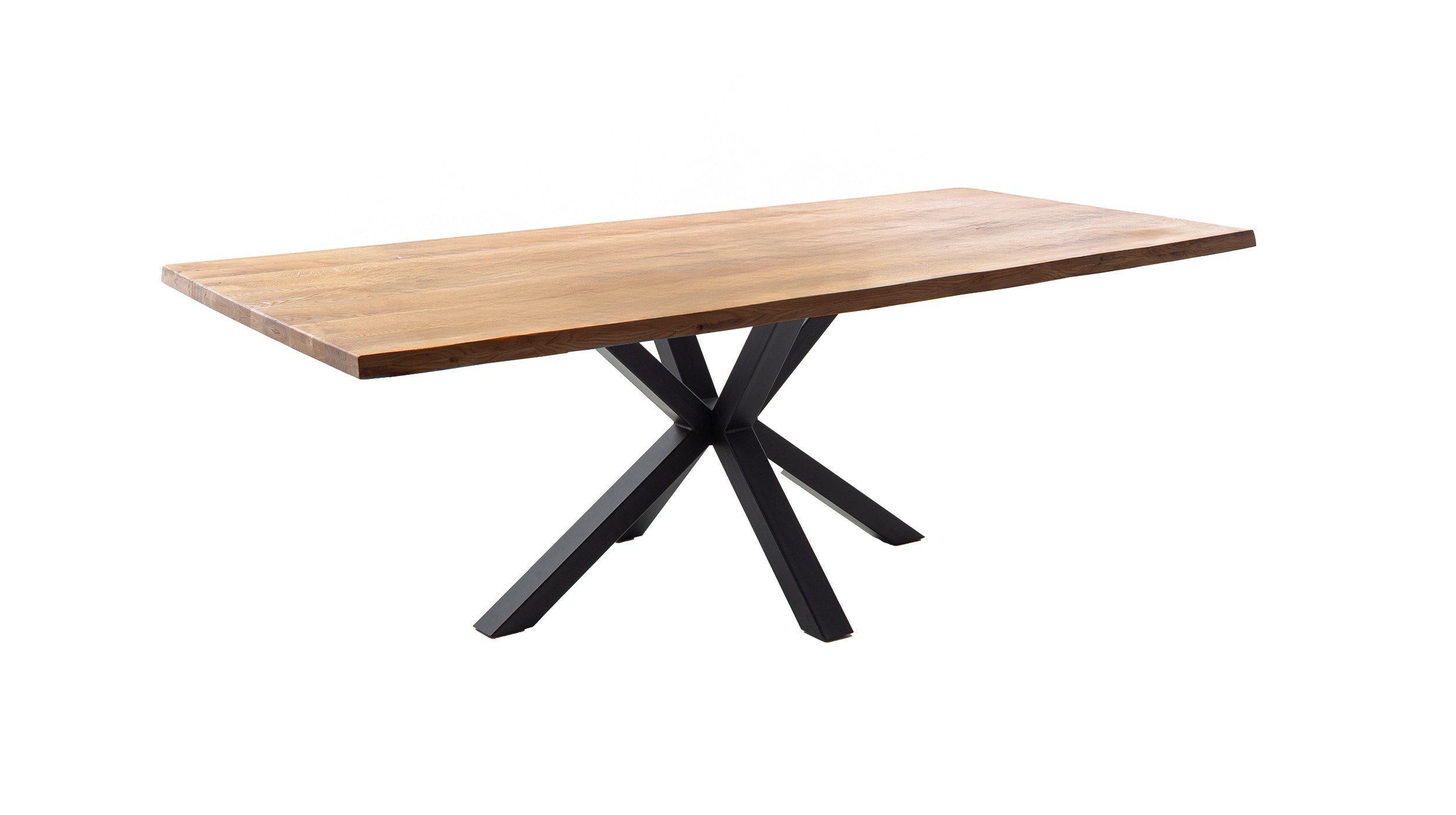 Massivart® Baumkantentisch DAHLIA Wildeiche geölt /massive Baumkanten Optik / 40 mm Tischplatte, Spider‑Gestell schwarz / Industrial Look