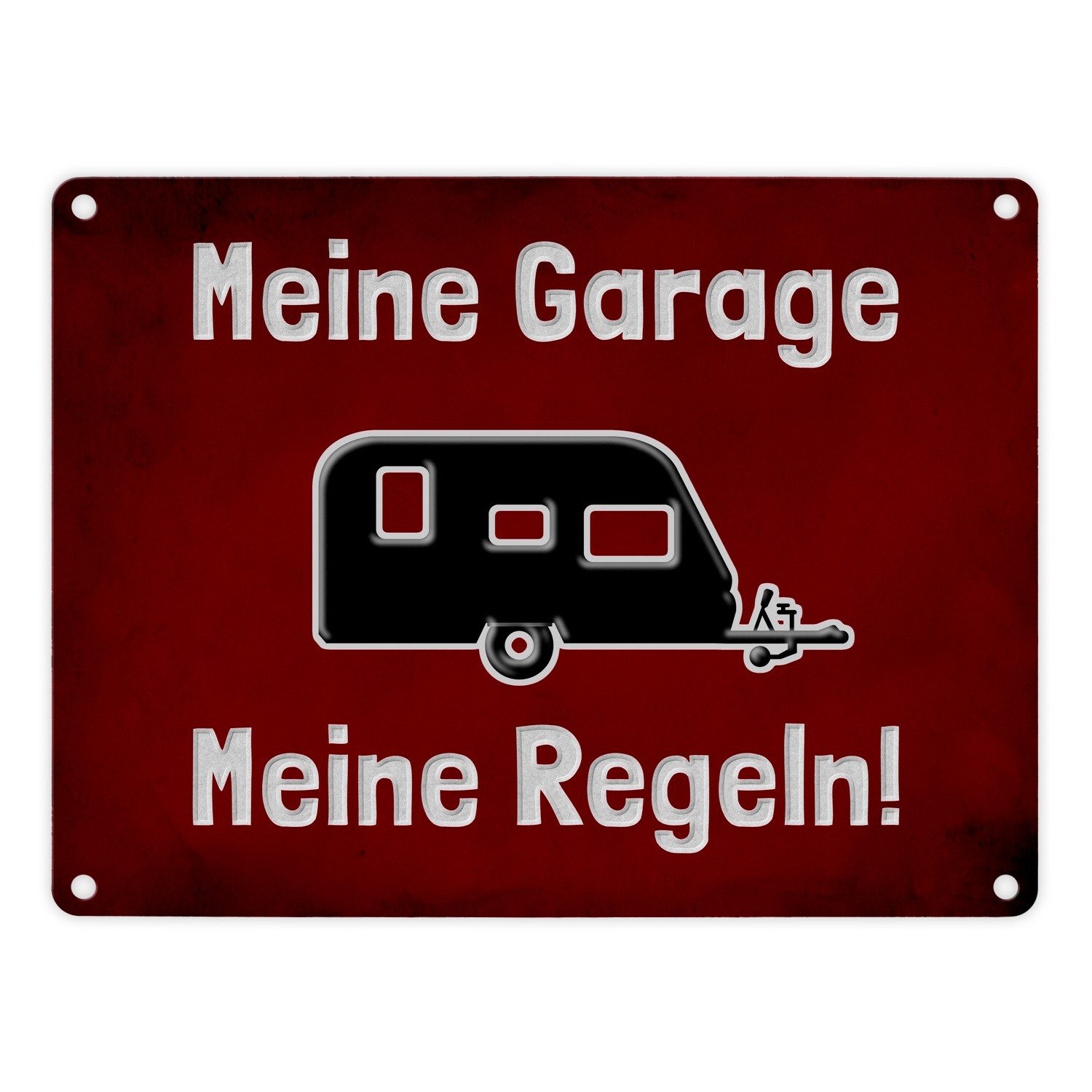 Metallschild Meine Garage Regeln! Metallschild in 15x20 cm mit Wohnwagen und rotem
