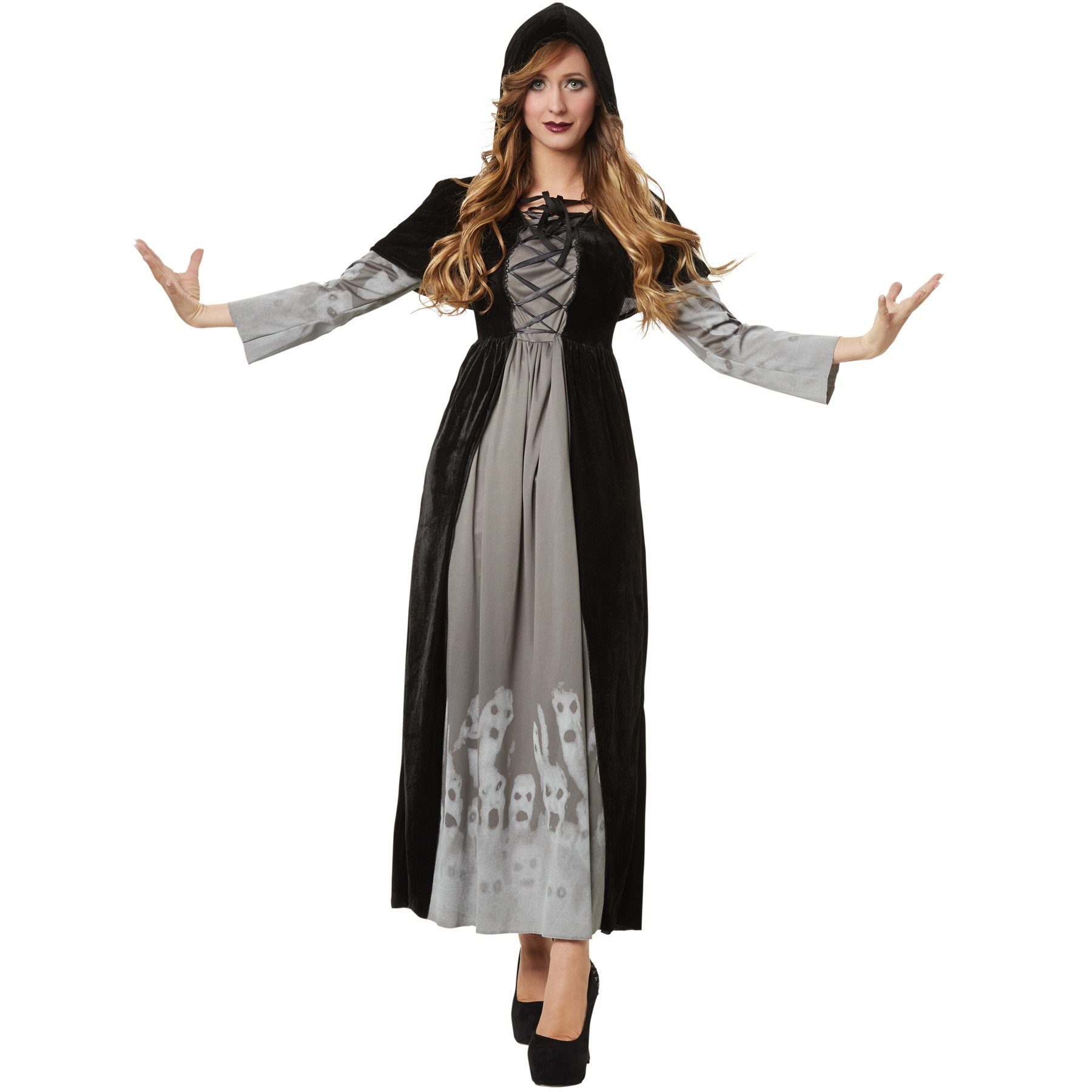 dressforfun Hexen-Kostüm Zauberin, auch Magierin, Gr. L, Kurzes Kapuzencape zum Schnüren, in schwarz/grau, Ärmel und Rock sind mit Geistergesichtern bedruckt