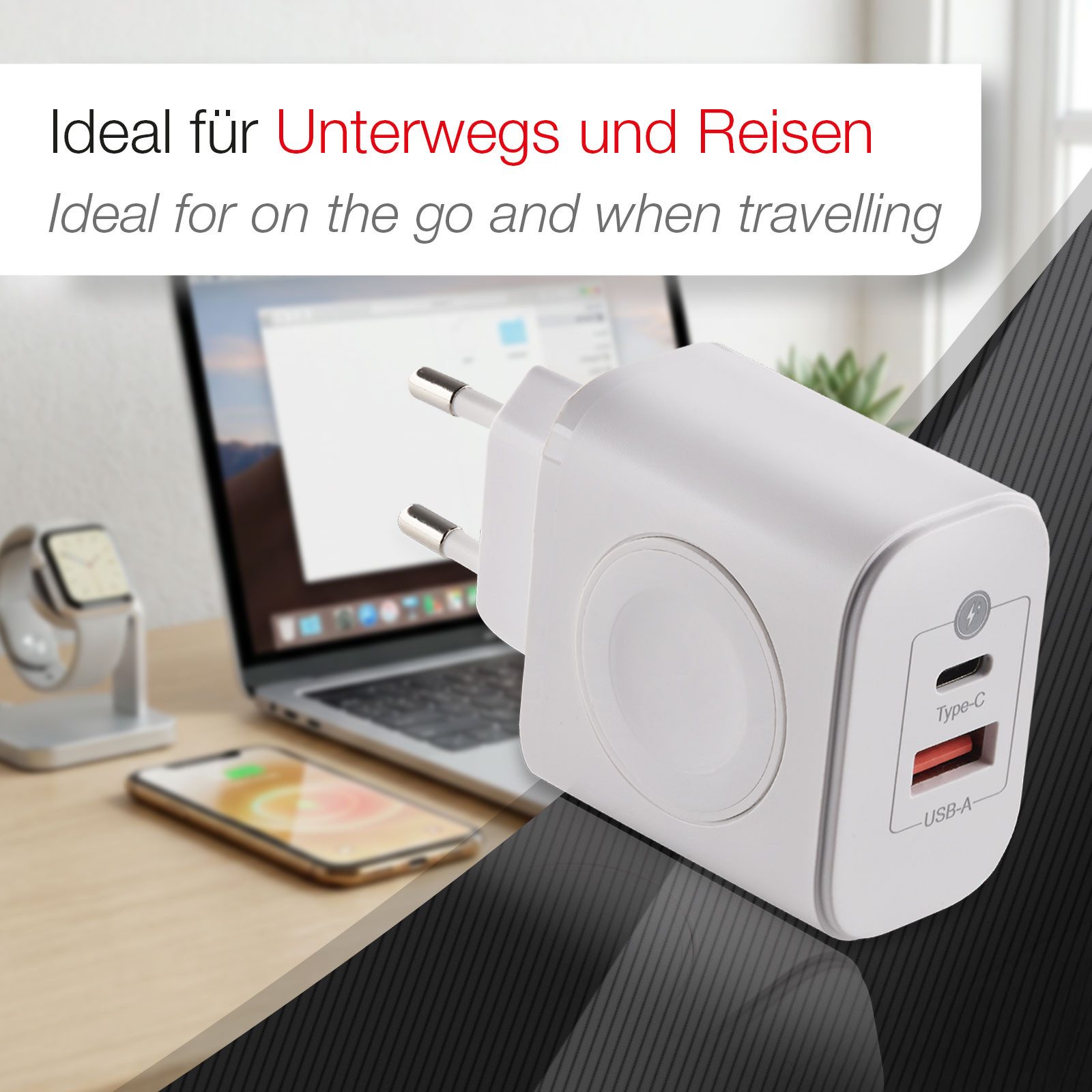 CAVO USB 3-in-1 Netzteil weiß USB-C (bis 20W) USB-A (bis 18W) USB-Ladegerät (Quick Charge QC 3.0 Wireless Charger 3W für Apple Watch) – Bild 2 von 5
