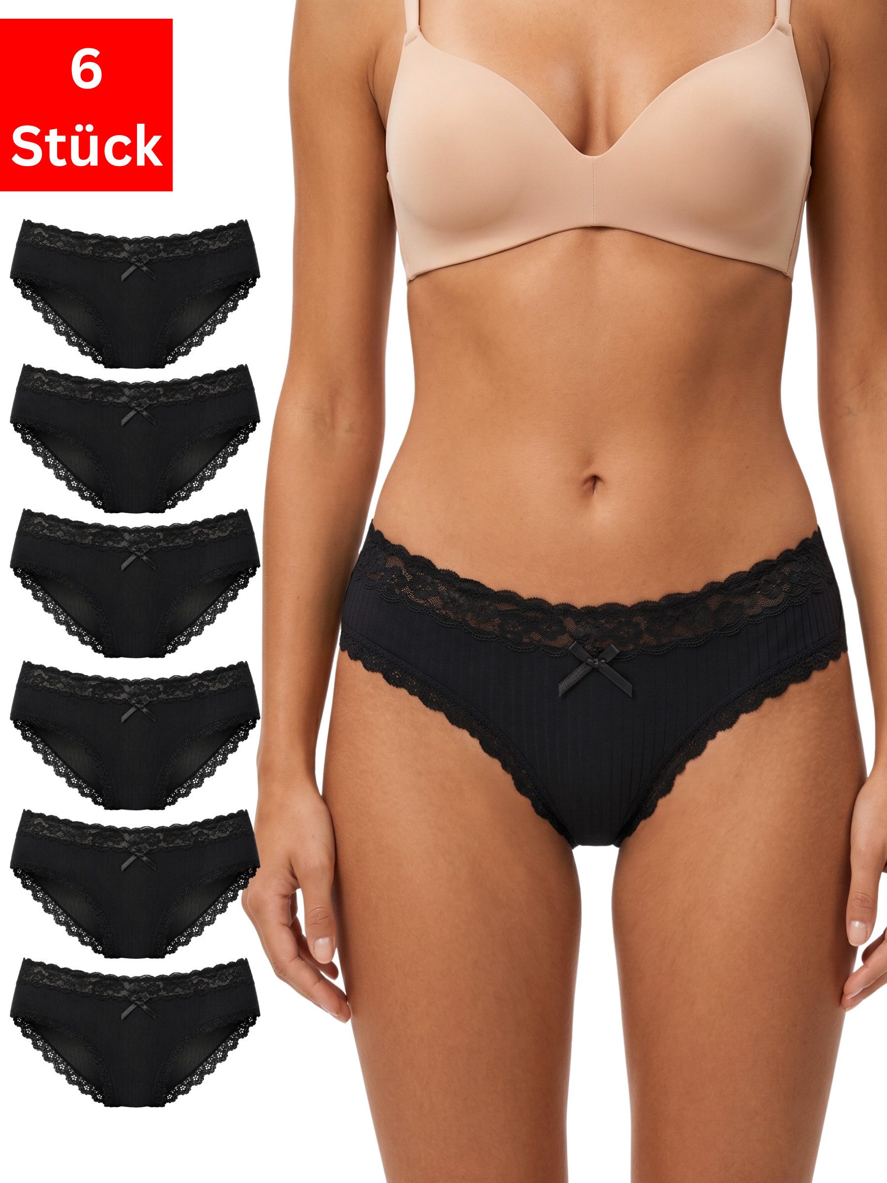 Elegant Love Slip Damen Hüftslips mit Spitze, schwarze Unterhosen mit Baumwollzwickel (Packung, 6-St., 6er-Pack) Spitzenslips im Mehrpack, weiche Low-Rise Panties mit elastischem Bund