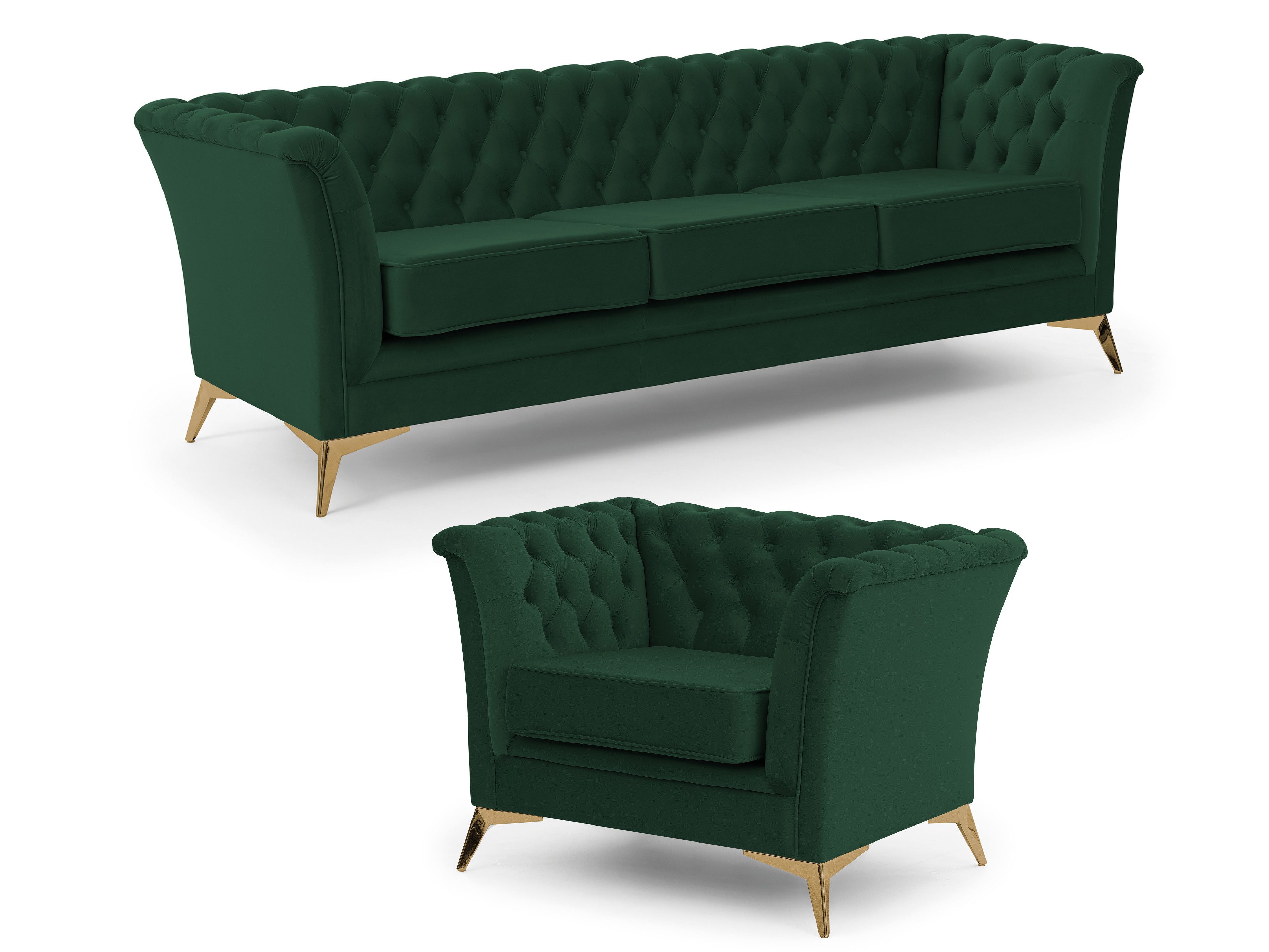 S-Style Möbel Polstergarnitur 3+1 Whitby aus Samt mit goldenen, silbernen oder schwarzen Füßen