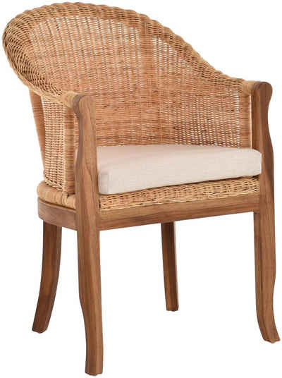 Krines Home Relaxsessel Rattan-Sessel mit Holzbeinen, Sessel aus echtem Rattan- mit Polster, Rattanstuhl, Clubsessel