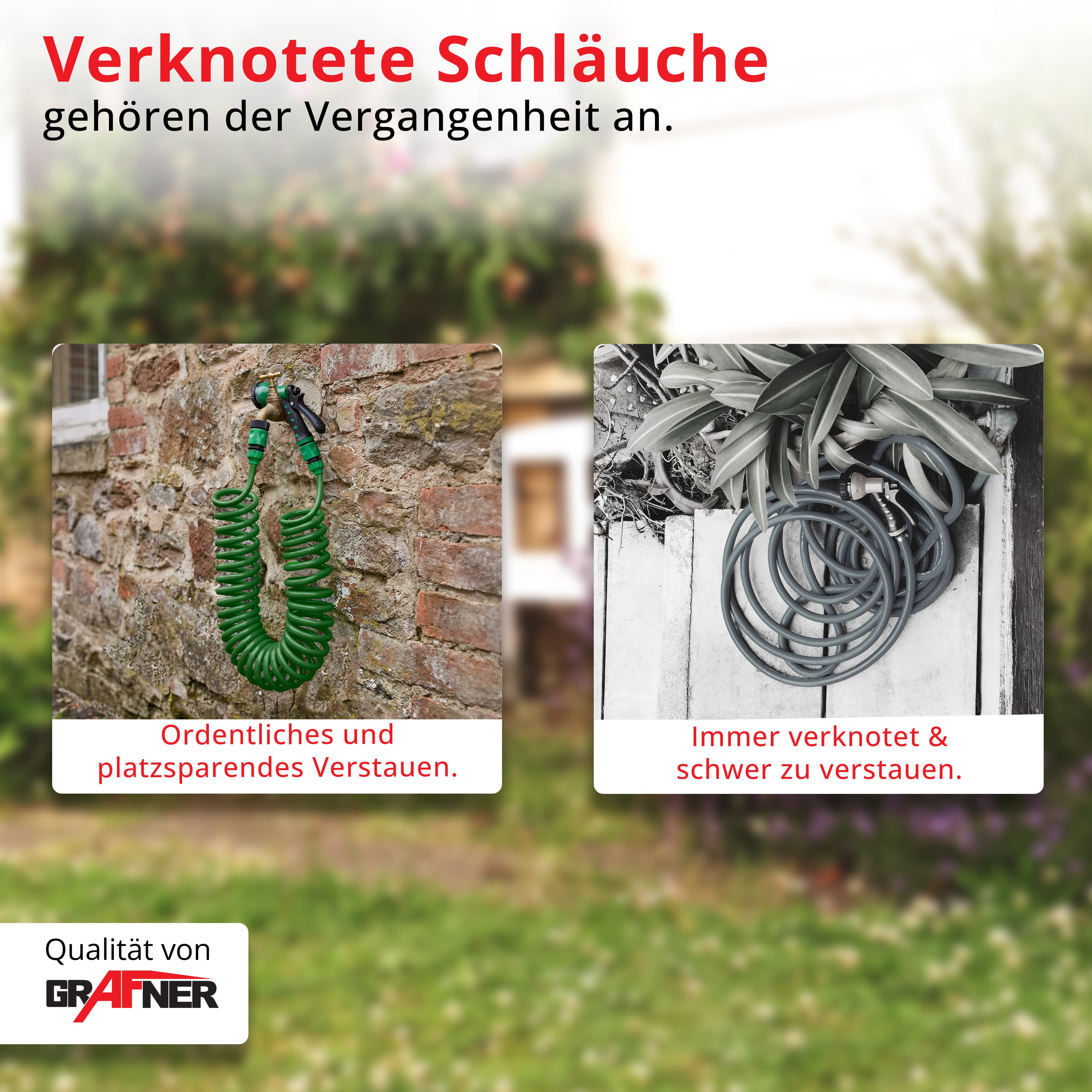 Grafner Gartenschlauch Gartenschlauch Spiralschlauch 15m 1/2" inkl. 8 Funktionen Brause, ausgedehnt ca. 15 Meter, Kein Platzen! Dornen und Sträucher – Kein Problem!