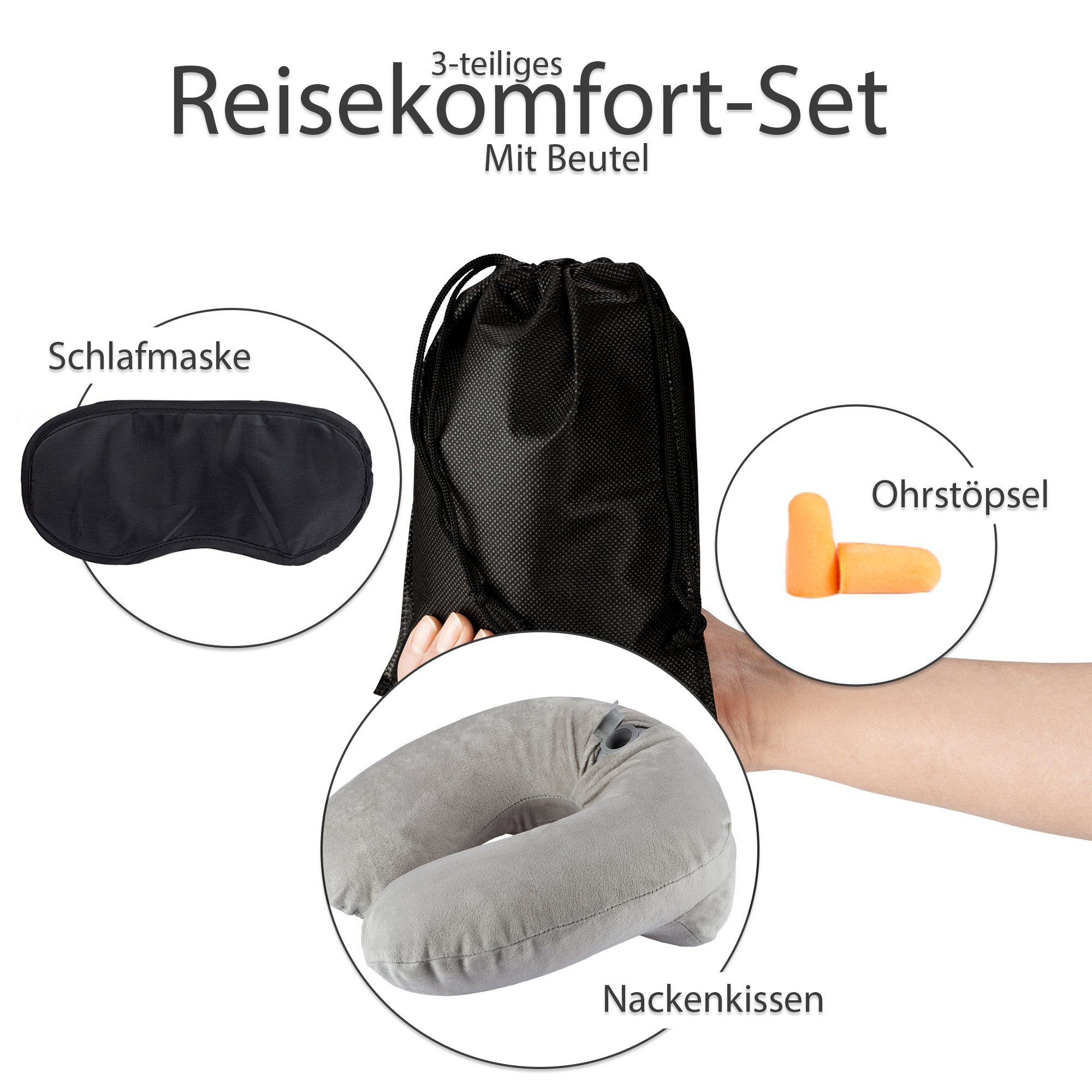 EAZY CASE Nackenhörnchen Aufblasbares Nackenhörnchen Nackenhörnchen, Kissen, Ohrstöpsel, ergonomisch, Grau Stoffbezug, Nackenkissen, & Schlafmaske Weiches Reise inklusive Set mit U-Form, Fleece aufblasbares Camping